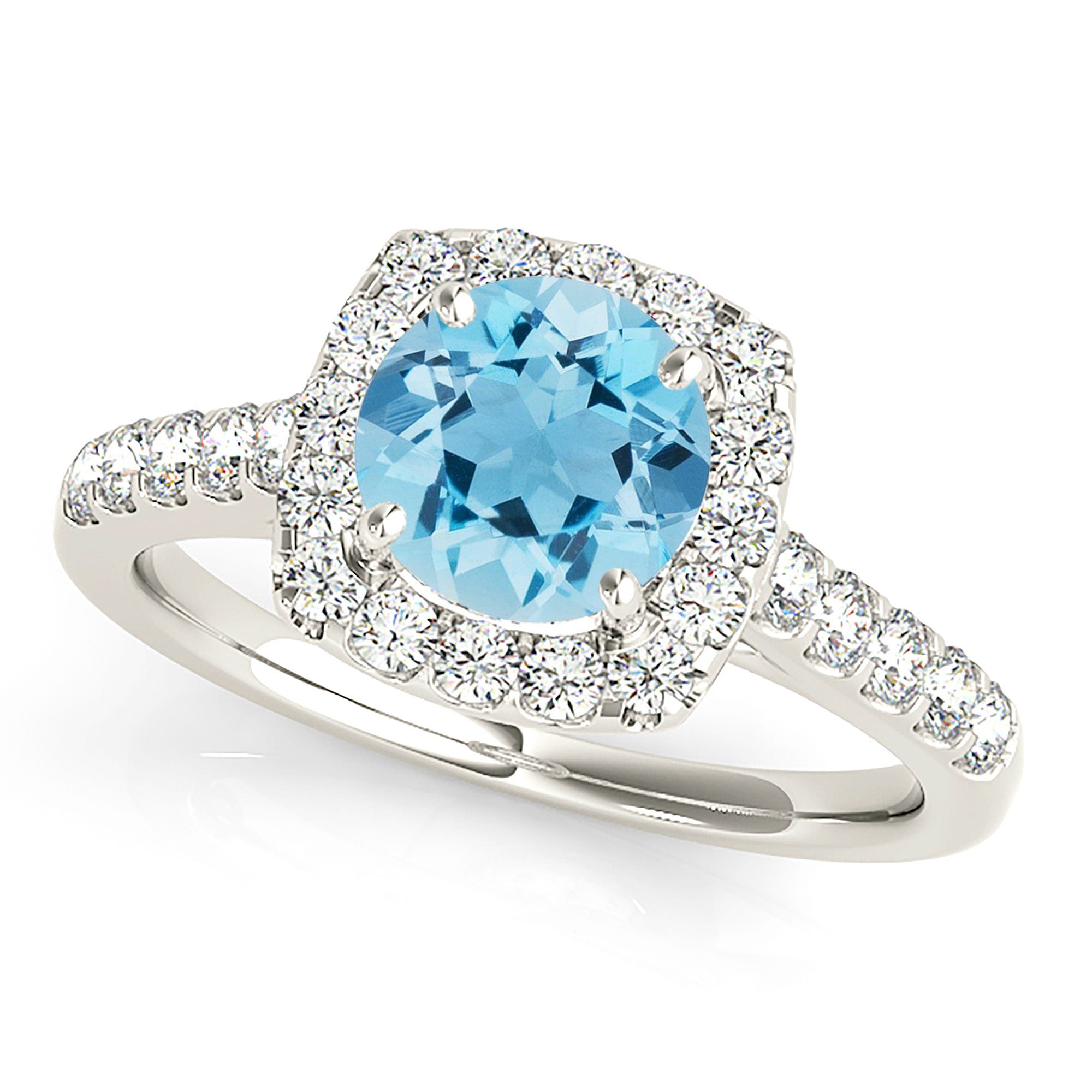 1.75 ct. Genuine Aquamarine Ring With 0.60 ctw. Diamond Cushion Halo And Delicate Diamond Band | Round Blue Aquamarine Halo Ring-in 14K/18K White, Yellow, Rose Gold and Platinum - Christmas Jewelry Gift -VIRABYANI