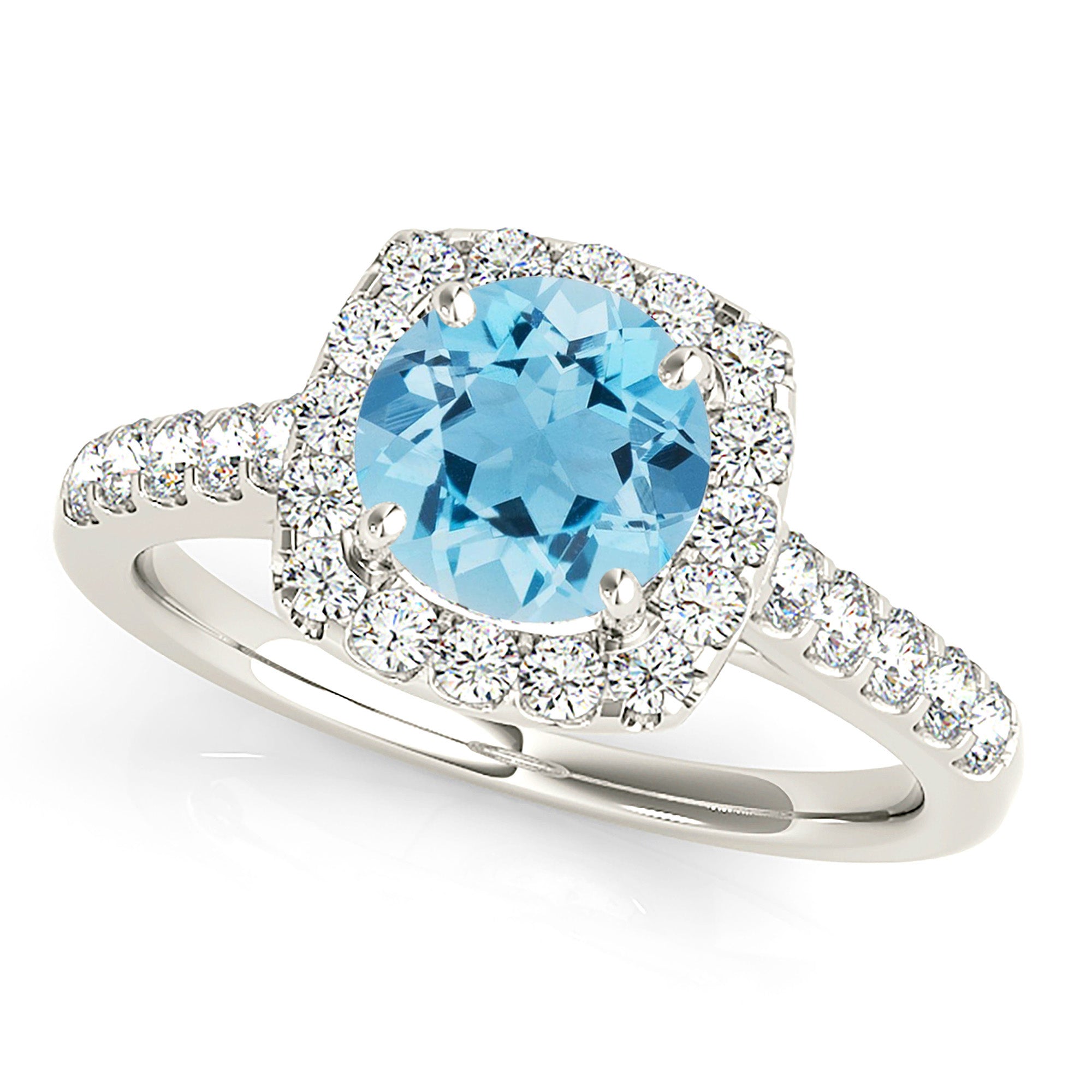 1.75 ct. Genuine Aquamarine Ring With 0.60 ctw. Diamond Cushion Halo And Delicate Diamond Band | Round Blue Aquamarine Halo Ring-VIRABYANI