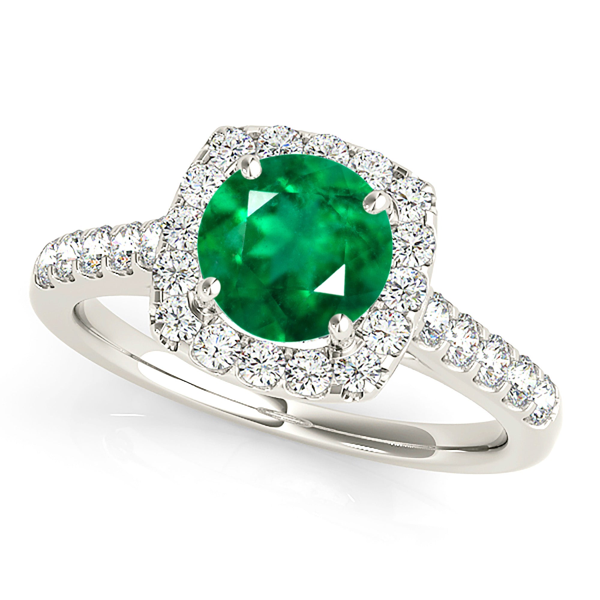 1.75 ct. Genuine Emerald Ring With 0.60 ctw. Diamond Cushion Halo, Delicate Diamond Band-VIRABYANI
