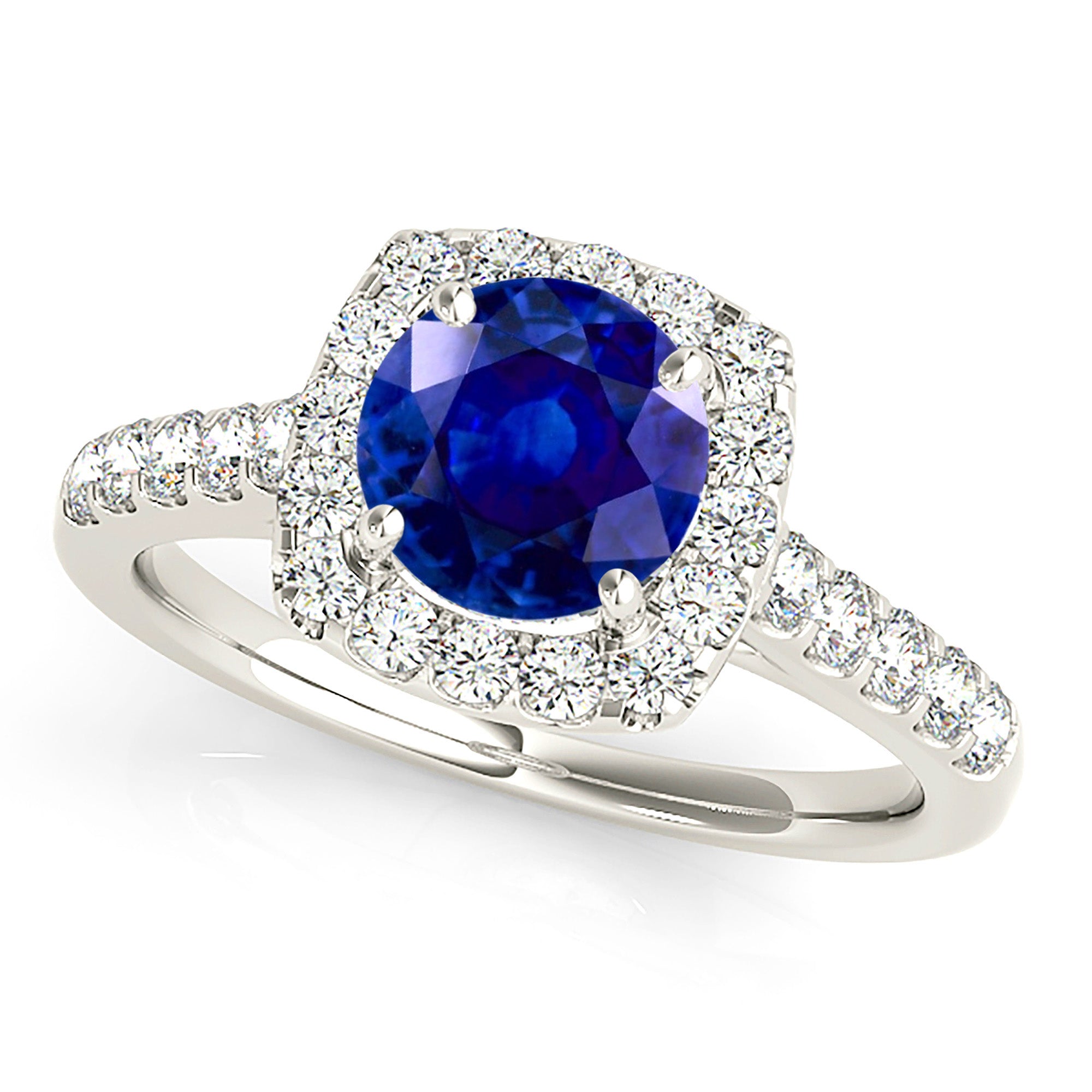 1.80 ct. Genuine Blue Sapphire Halo Ring With 0.60 ctw. Side Diamonds-VIRABYANI