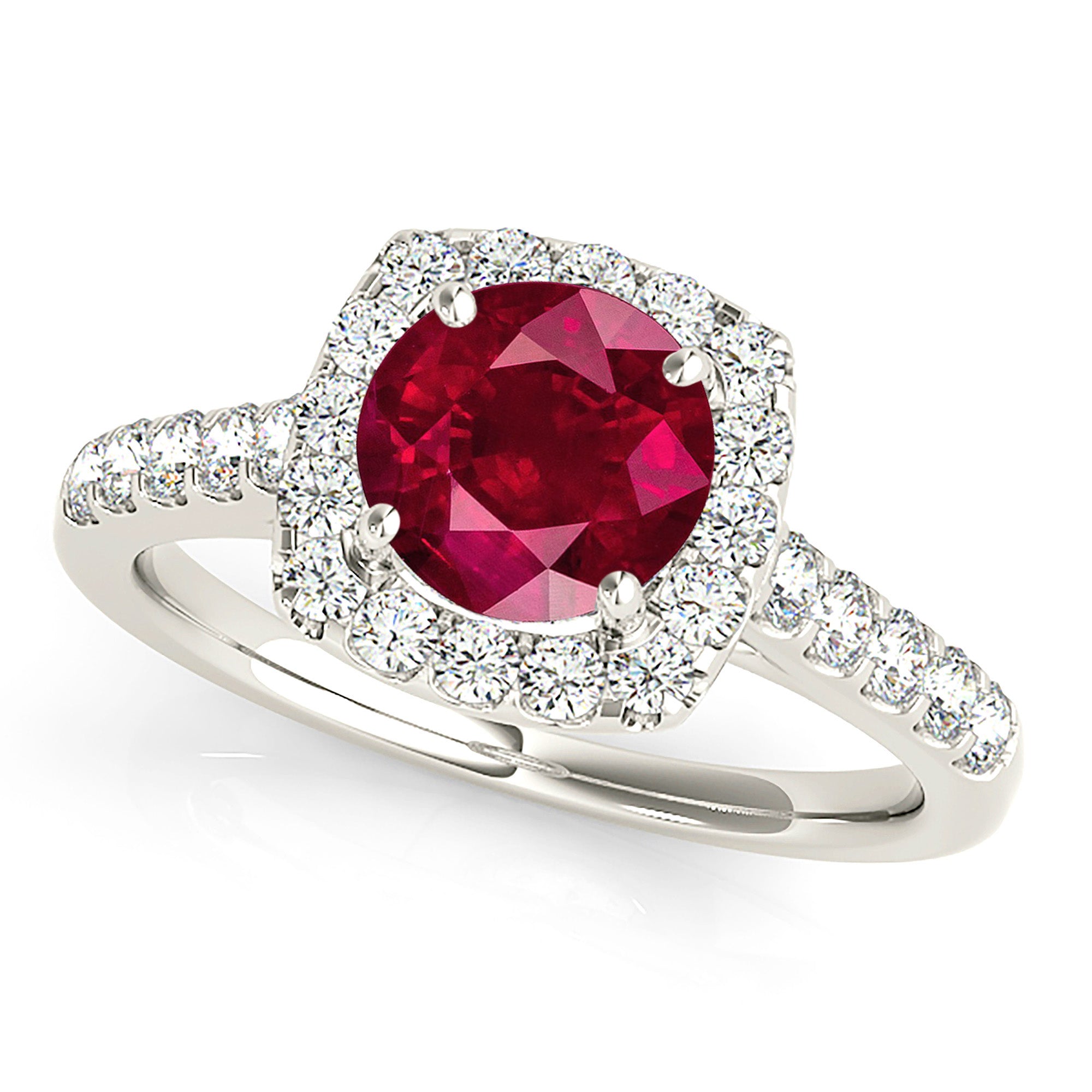 1.79 ct. Genuine Ruby Ring With 0.60 ctw. Diamond Cushion Halo And Delicate Diamond Band-VIRABYANI