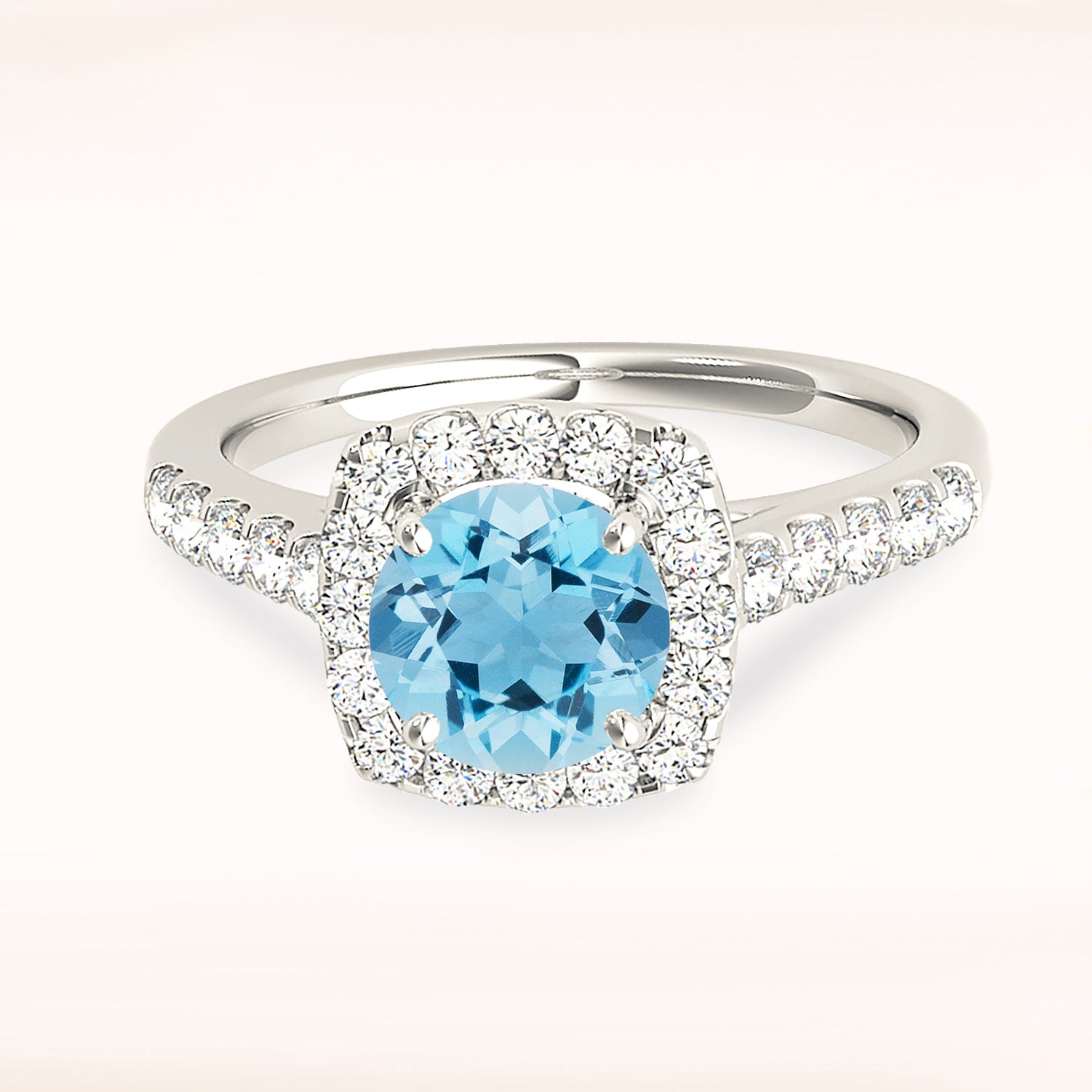 1.75 ct. Genuine Aquamarine Ring With 0.60 ctw. Diamond Cushion Halo And Delicate Diamond Band | Round Blue Aquamarine Halo Ring-VIRABYANI