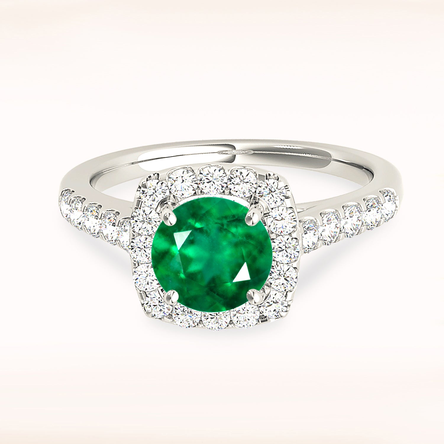 1.75 ct. Genuine Emerald Ring With 0.60 ctw. Diamond Cushion Halo, Delicate Diamond Band-VIRABYANI