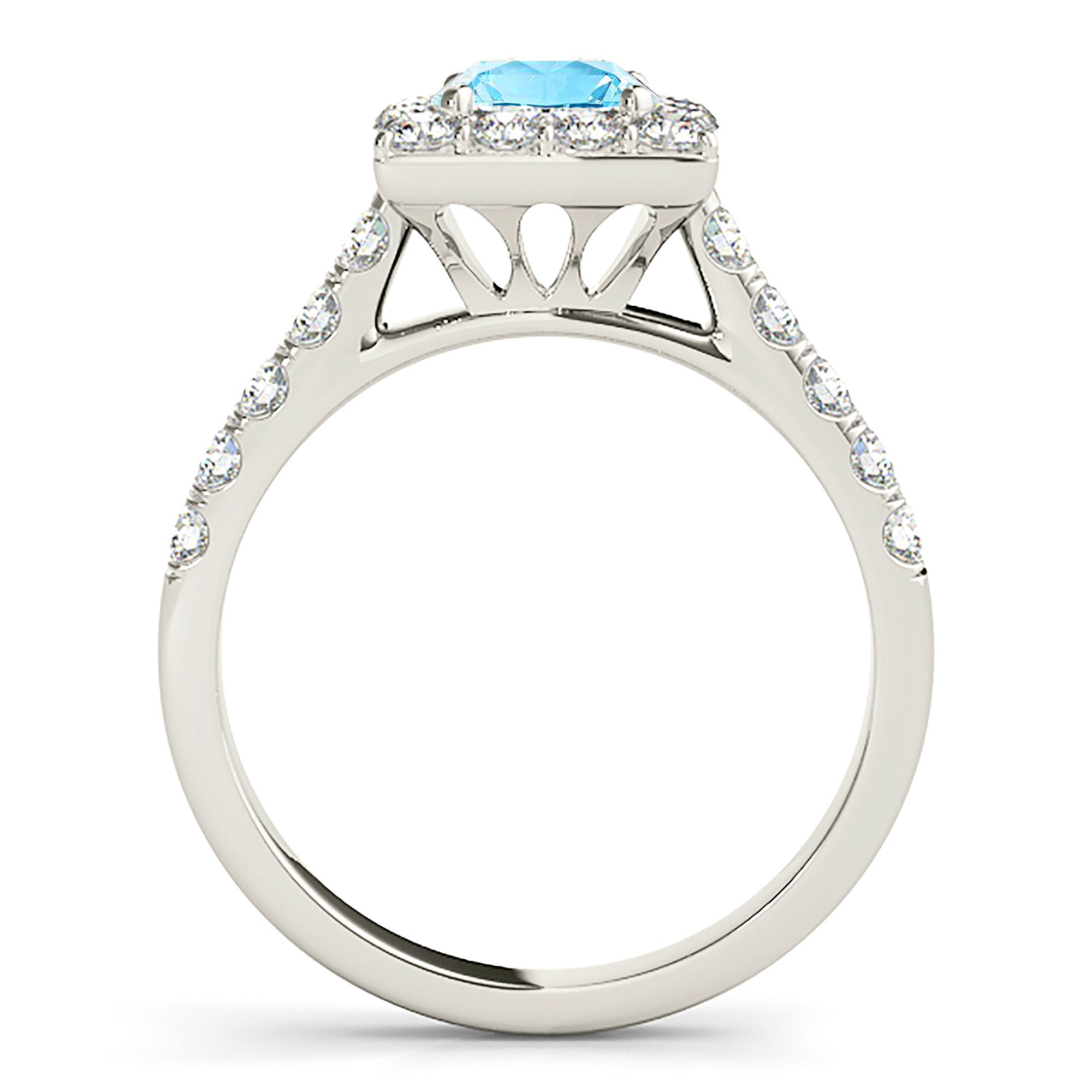 1.10 ct. Genuine Aquamarine Ring With 0.75 ctw. Diamond Square Halo And Diamond Band | Round Blue Aquamarine Halo Ring-VIRABYANI