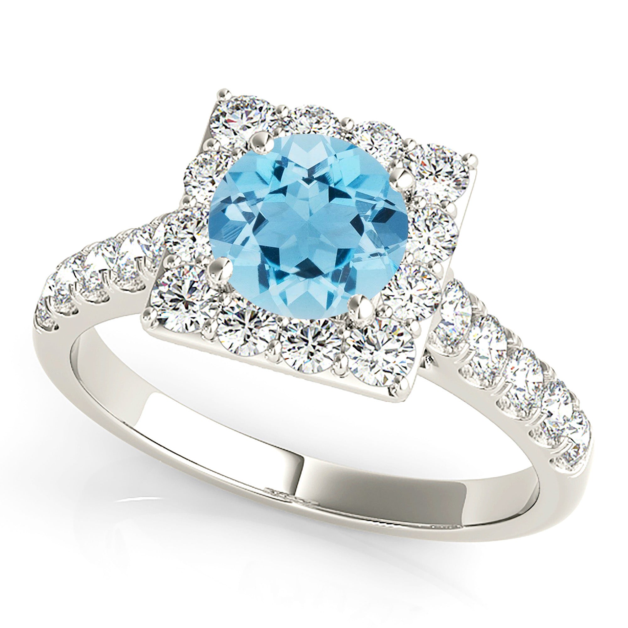 1.10 ct. Genuine Aquamarine Ring With 0.75 ctw. Diamond Square Halo And Diamond Band | Round Blue Aquamarine Halo Ring-in 14K/18K White, Yellow, Rose Gold and Platinum - Christmas Jewelry Gift -VIRABYANI