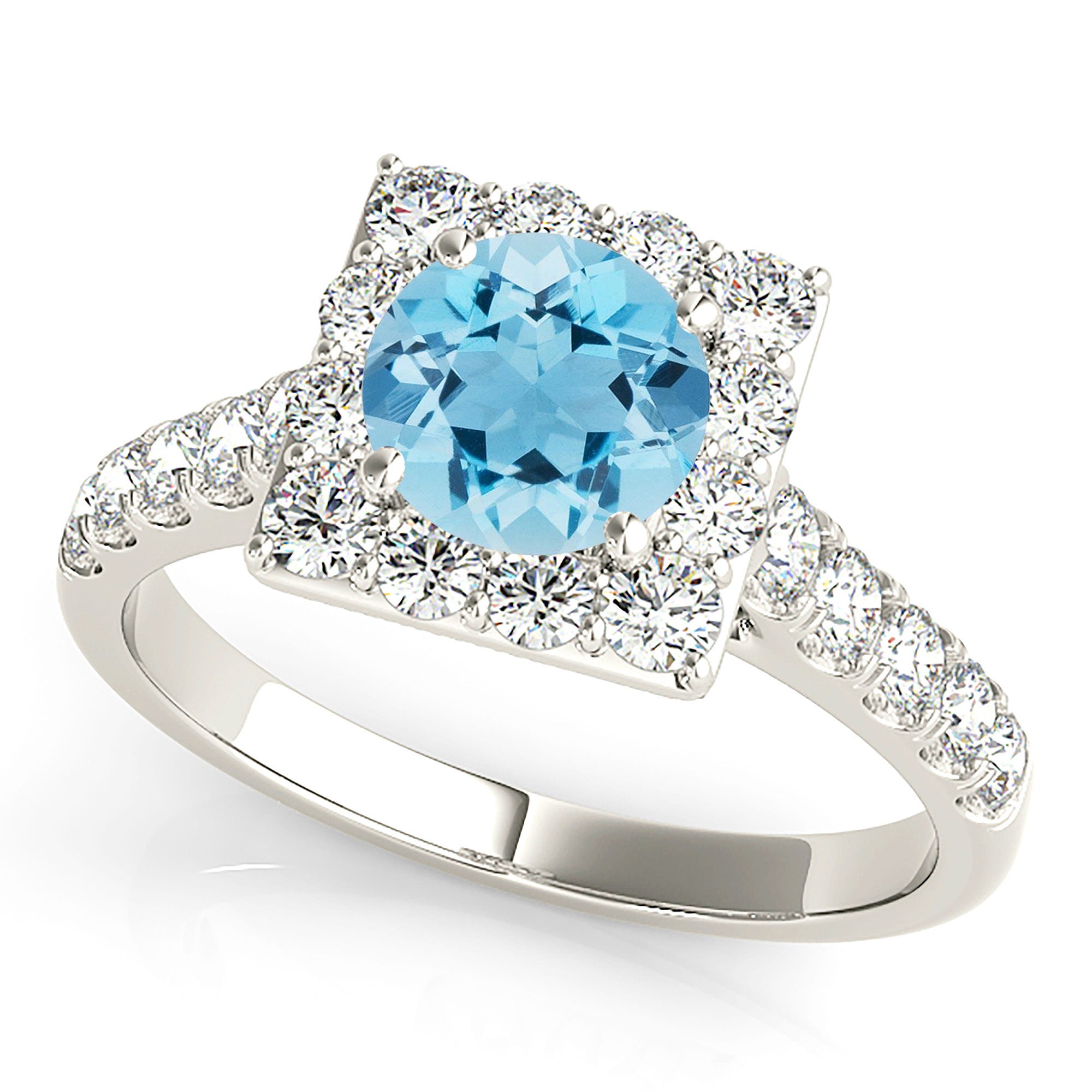 1.10 ct. Genuine Aquamarine Ring With 0.75 ctw. Diamond Square Halo And Diamond Band | Round Blue Aquamarine Halo Ring-VIRABYANI