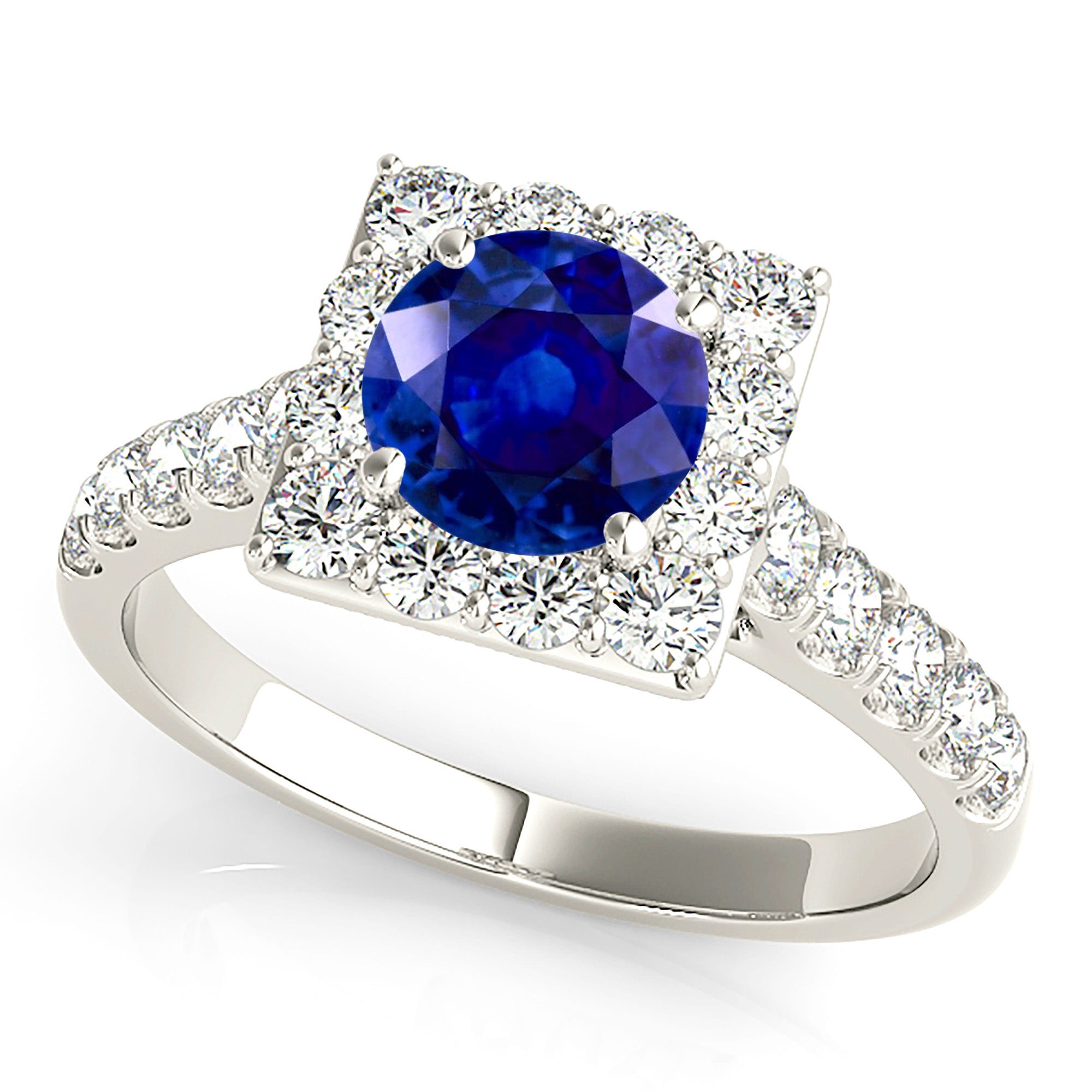 1.35 ct. Genuine Round Blue Sapphire Square Halo Ring With 0.75 ctw. Diamonds-VIRABYANI