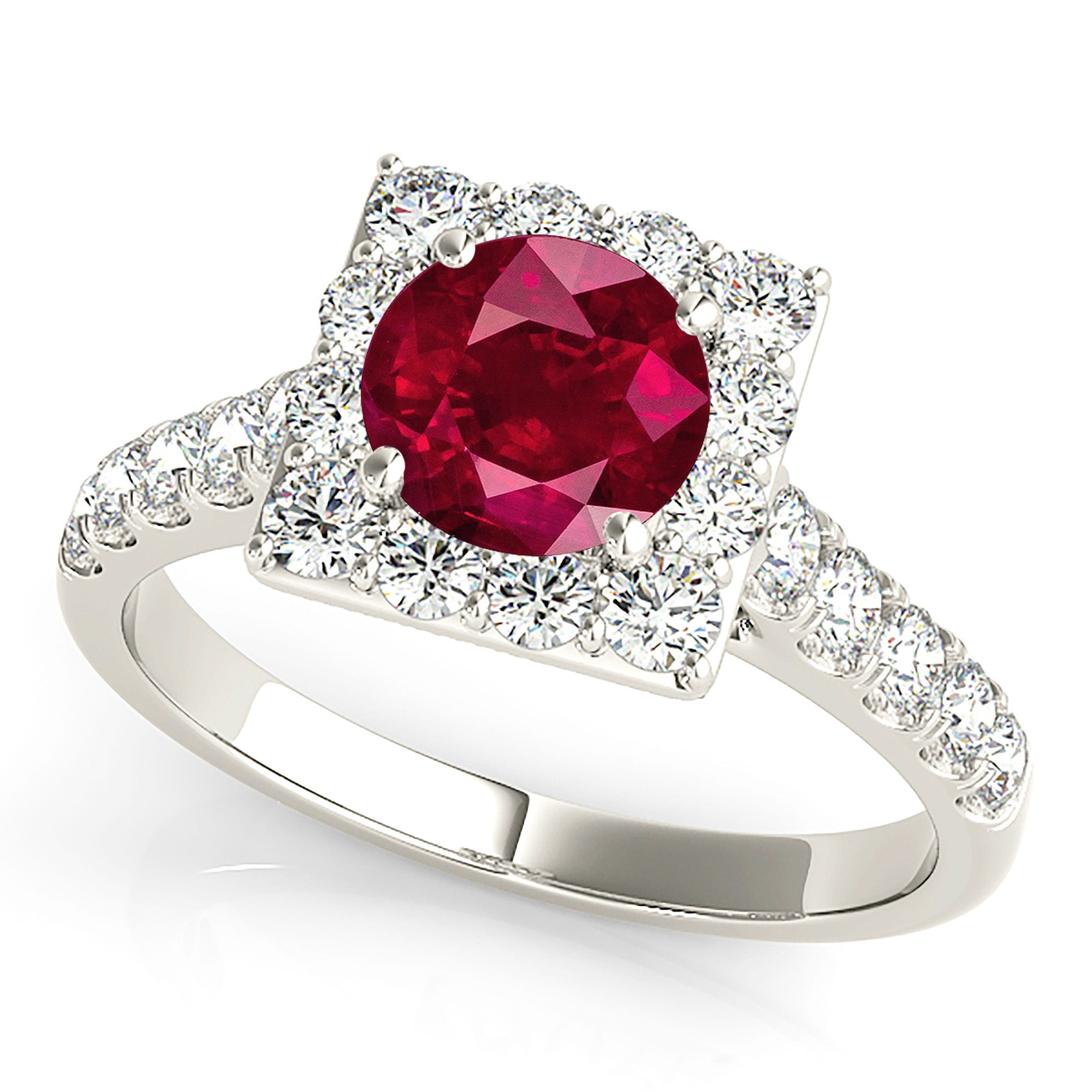 1.35 ct. Genuine Ruby Ring With 0.75 ctw. Diamond Square Halo And Simple Diamond Band-in 14K/18K White, Yellow, Rose Gold and Platinum - Christmas Jewelry Gift -VIRABYANI