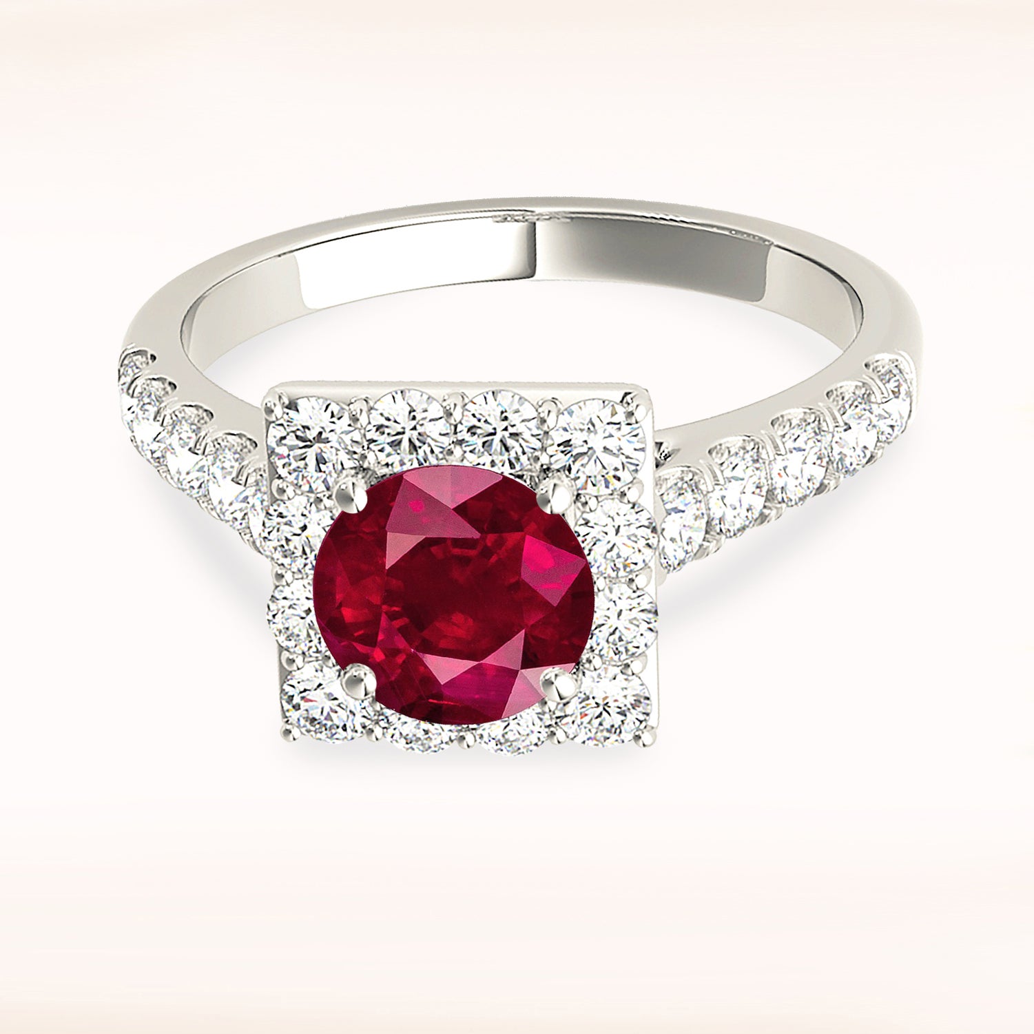 1.35 ct. Genuine Ruby Ring With 0.75 ctw. Diamond Square Halo And Simple Diamond Band-VIRABYANI