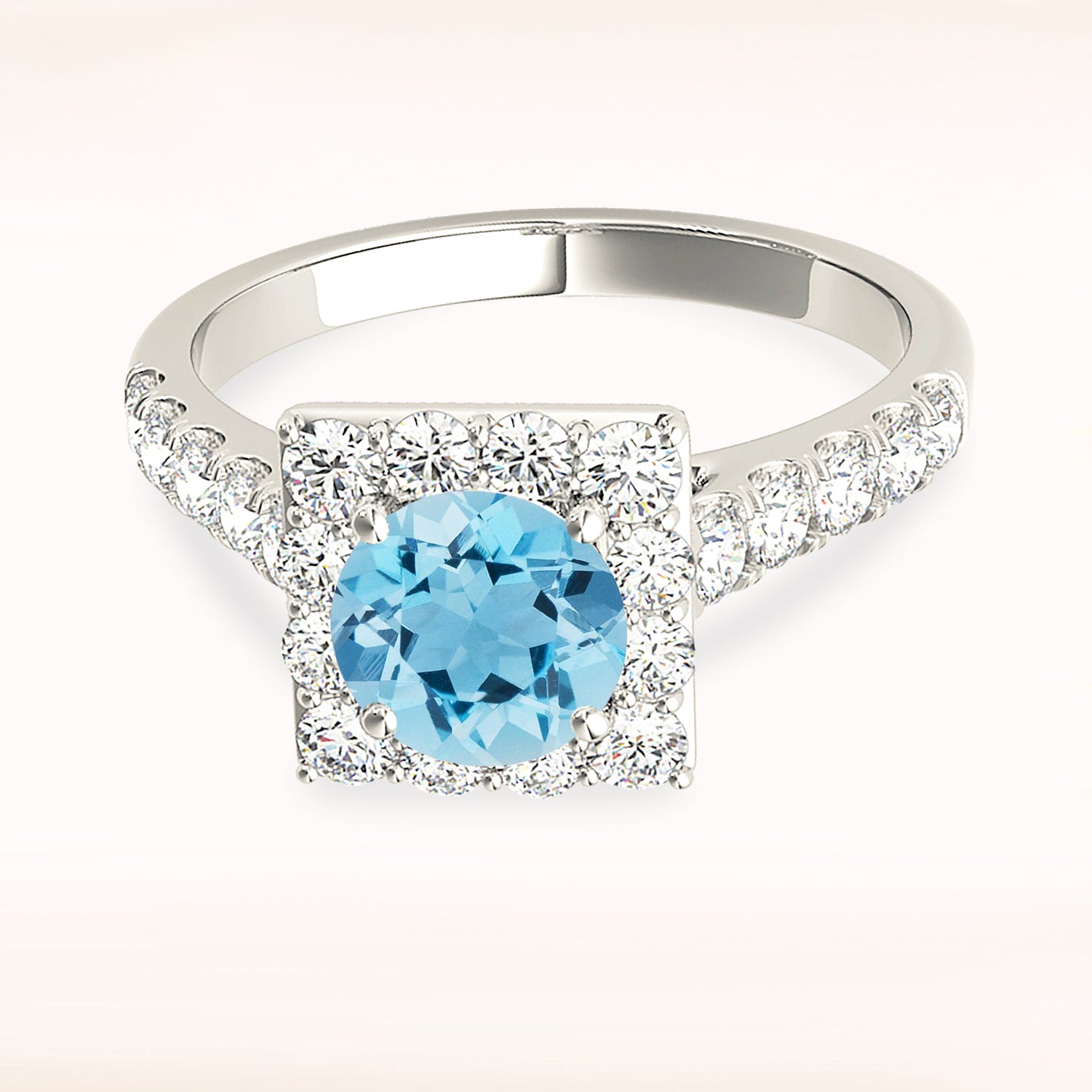 1.10 ct. Genuine Aquamarine Ring With 0.75 ctw. Diamond Square Halo And Diamond Band | Round Blue Aquamarine Halo Ring-in 14K/18K White, Yellow, Rose Gold and Platinum - Christmas Jewelry Gift -VIRABYANI
