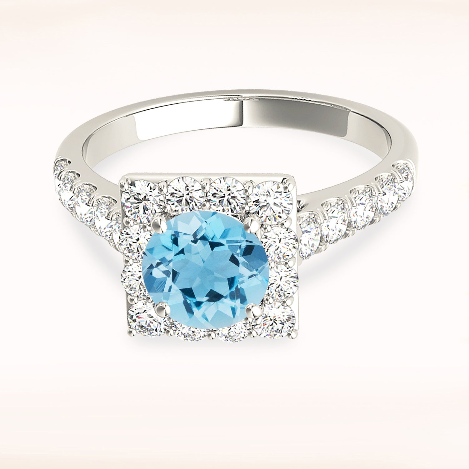 1.10 ct. Genuine Aquamarine Ring With 0.75 ctw. Diamond Square Halo And Diamond Band | Round Blue Aquamarine Halo Ring-VIRABYANI