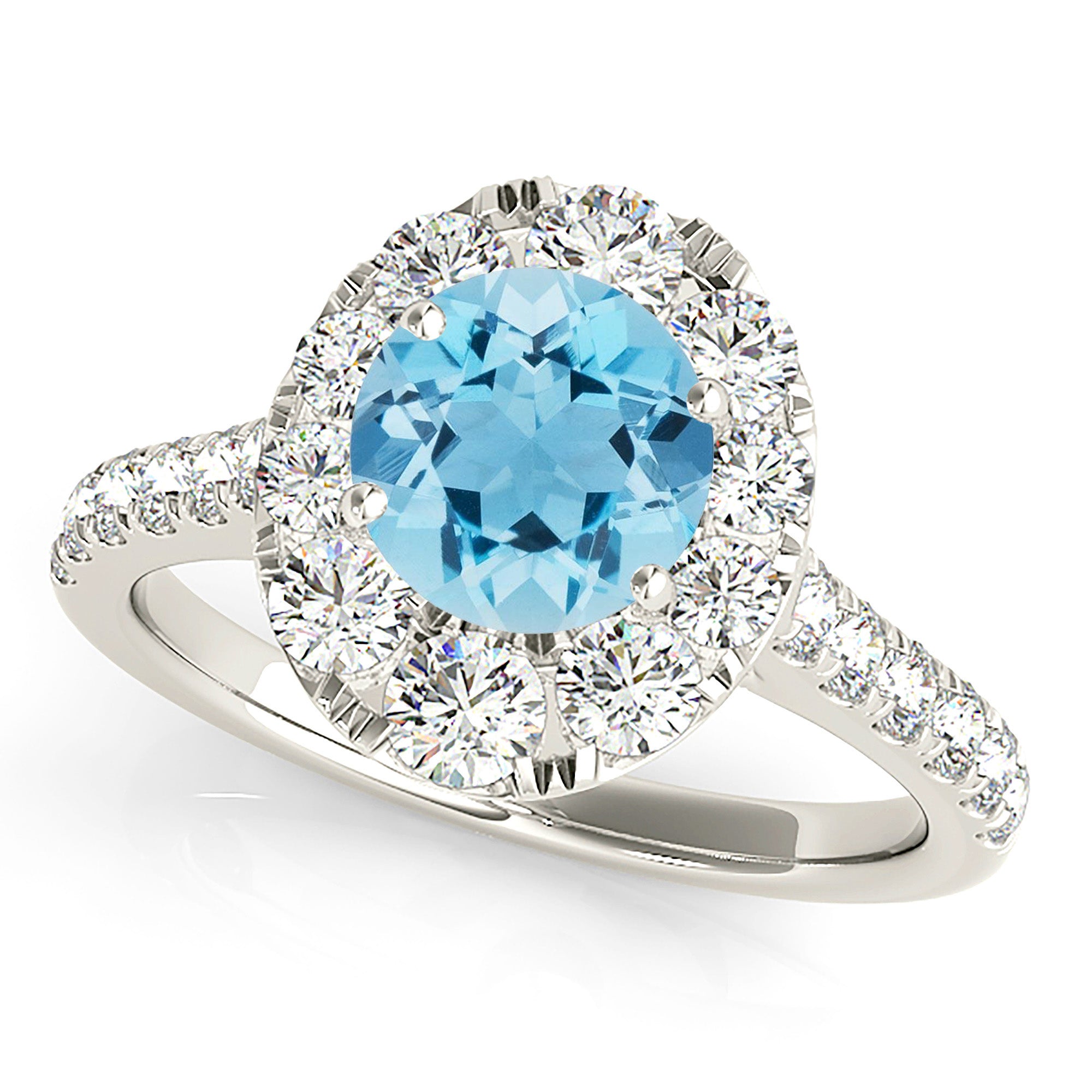 1.10 ct. Genuine Aquamarine Ring With 0.90 ctw. Diamond Oval Halo And Delicate Diamond Band | Round Blue Aquamarine Halo Ring-VIRABYANI