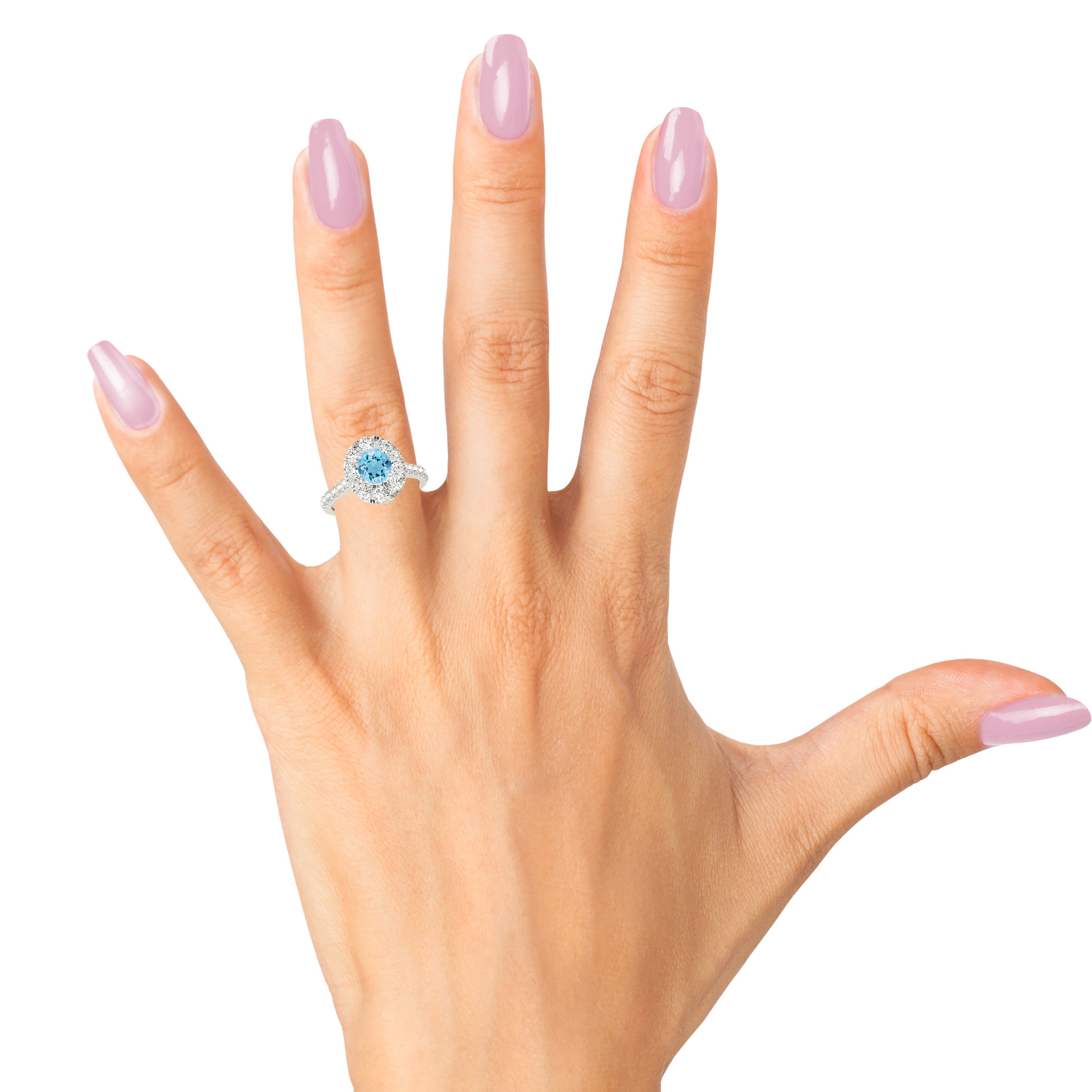 1.10 ct. Genuine Aquamarine Ring With 0.90 ctw. Diamond Oval Halo And Delicate Diamond Band | Round Blue Aquamarine Halo Ring-VIRABYANI