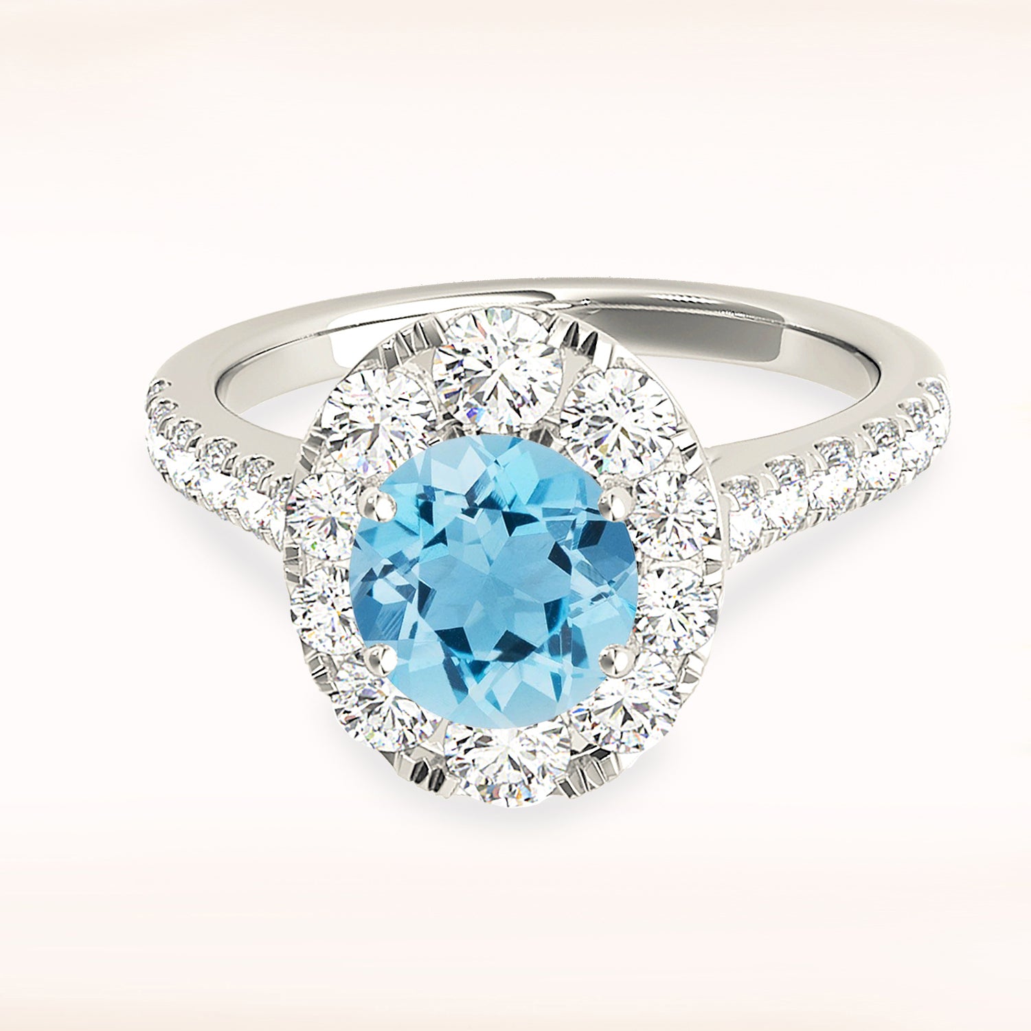 1.10 ct. Genuine Aquamarine Ring With 0.90 ctw. Diamond Oval Halo And Delicate Diamond Band | Round Blue Aquamarine Halo Ring-VIRABYANI