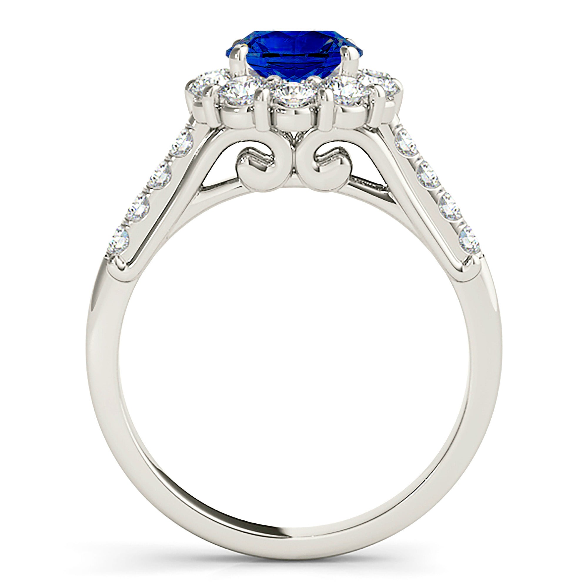 1.80 ct. Genuine Blue Sapphire Halo Ring with 1.00 ctw. Side Diamonds-VIRABYANI