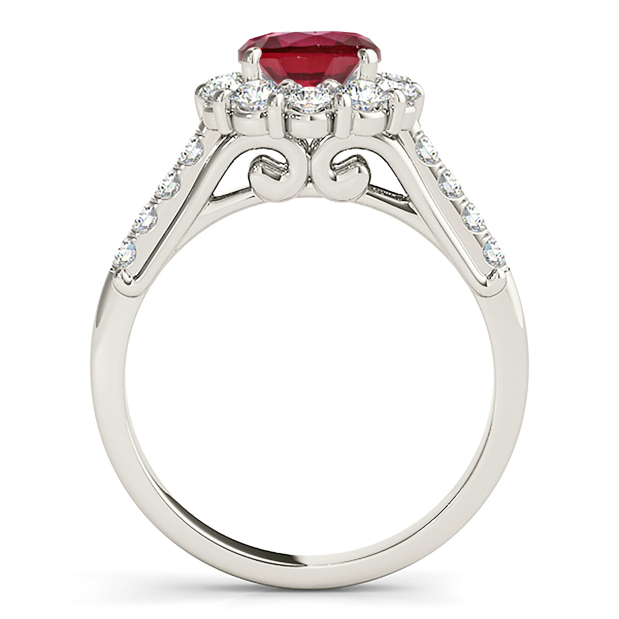 1.79 ct. Genuine Ruby Ring With 1.00 ctw. Diamond Halo And Delicate Diamond Band, Swirl Design Bridge-VIRABYANI