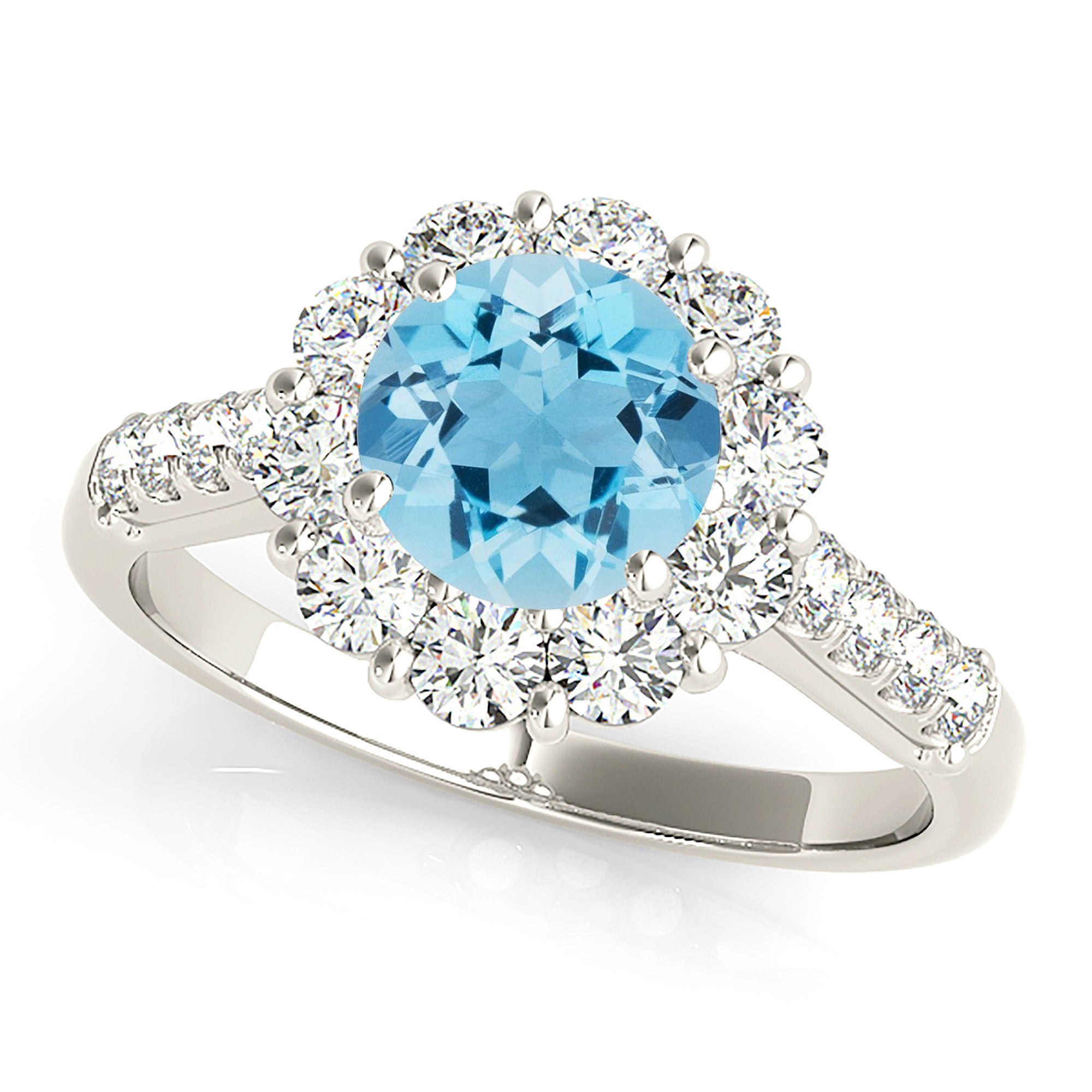 1.75 ct. Genuine Aquamarine Ring With 1.00 ctw. Diamond Halo And Diamond band | Round Blue Aquamarine Halo Ring-VIRABYANI