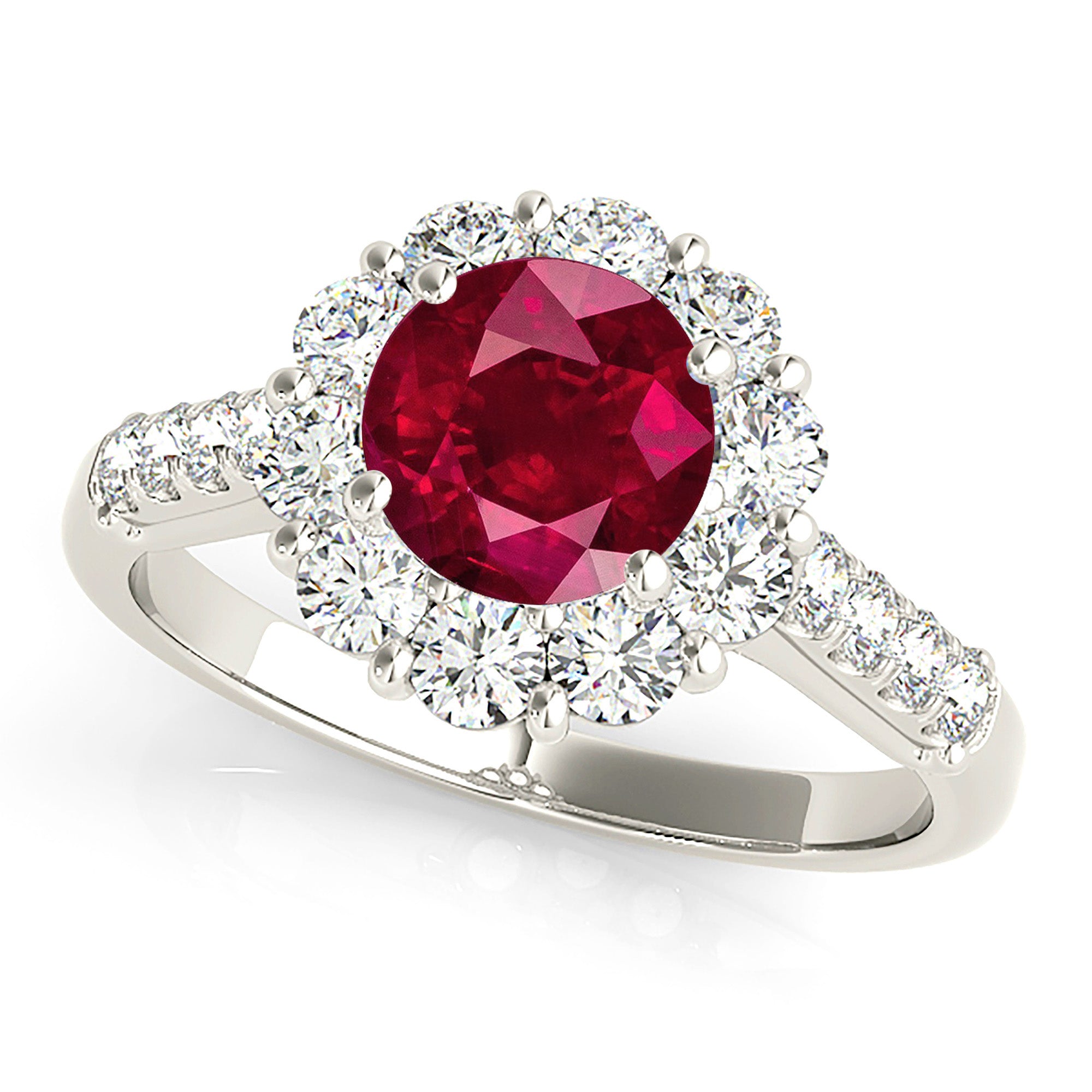 1.79 ct. Genuine Ruby Ring With 1.00 ctw. Diamond Halo And Delicate Diamond Band, Swirl Design Bridge-VIRABYANI