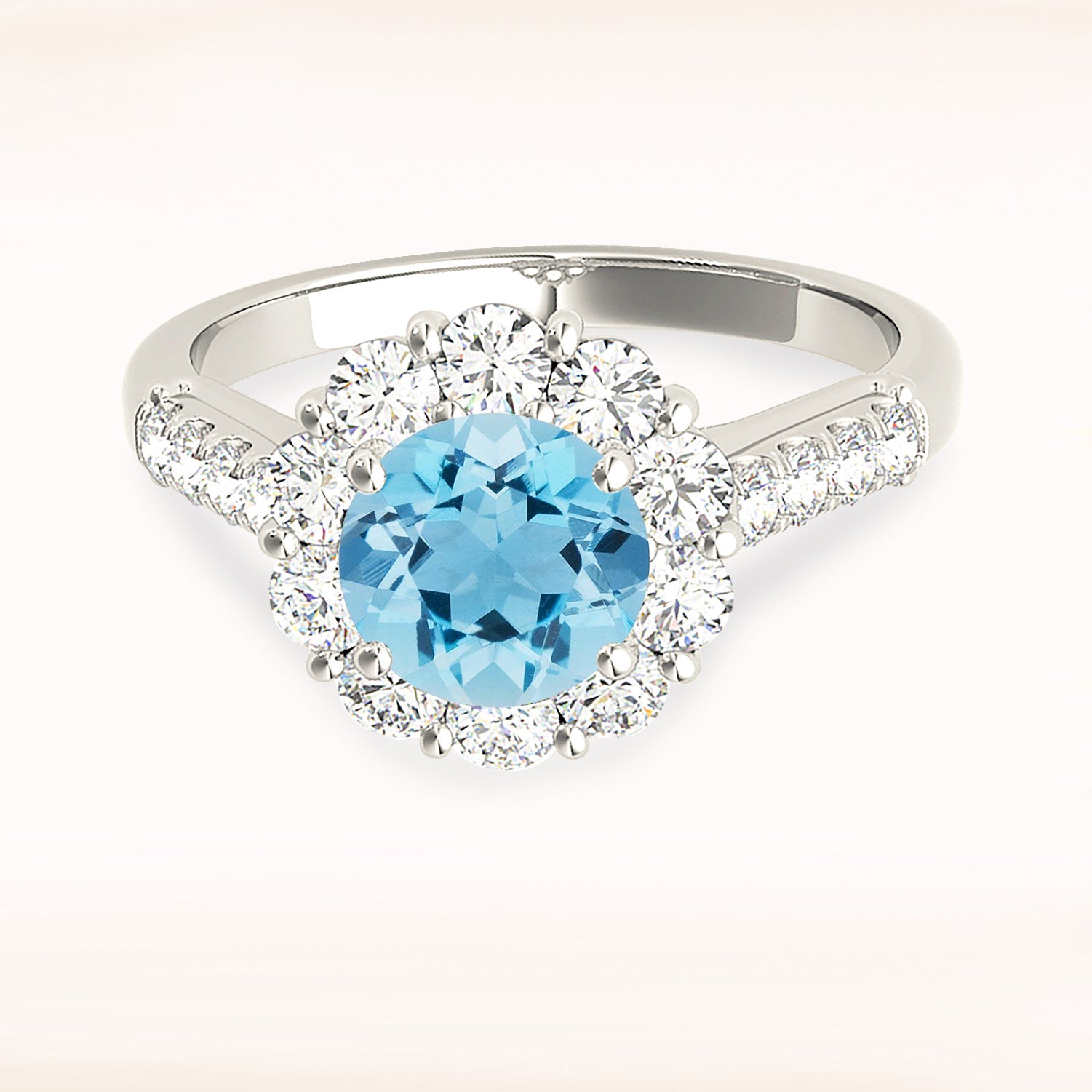 1.75 ct. Genuine Aquamarine Ring With 1.00 ctw. Diamond Halo And Diamond band | Round Blue Aquamarine Halo Ring-in 14K/18K White, Yellow, Rose Gold and Platinum - Christmas Jewelry Gift -VIRABYANI
