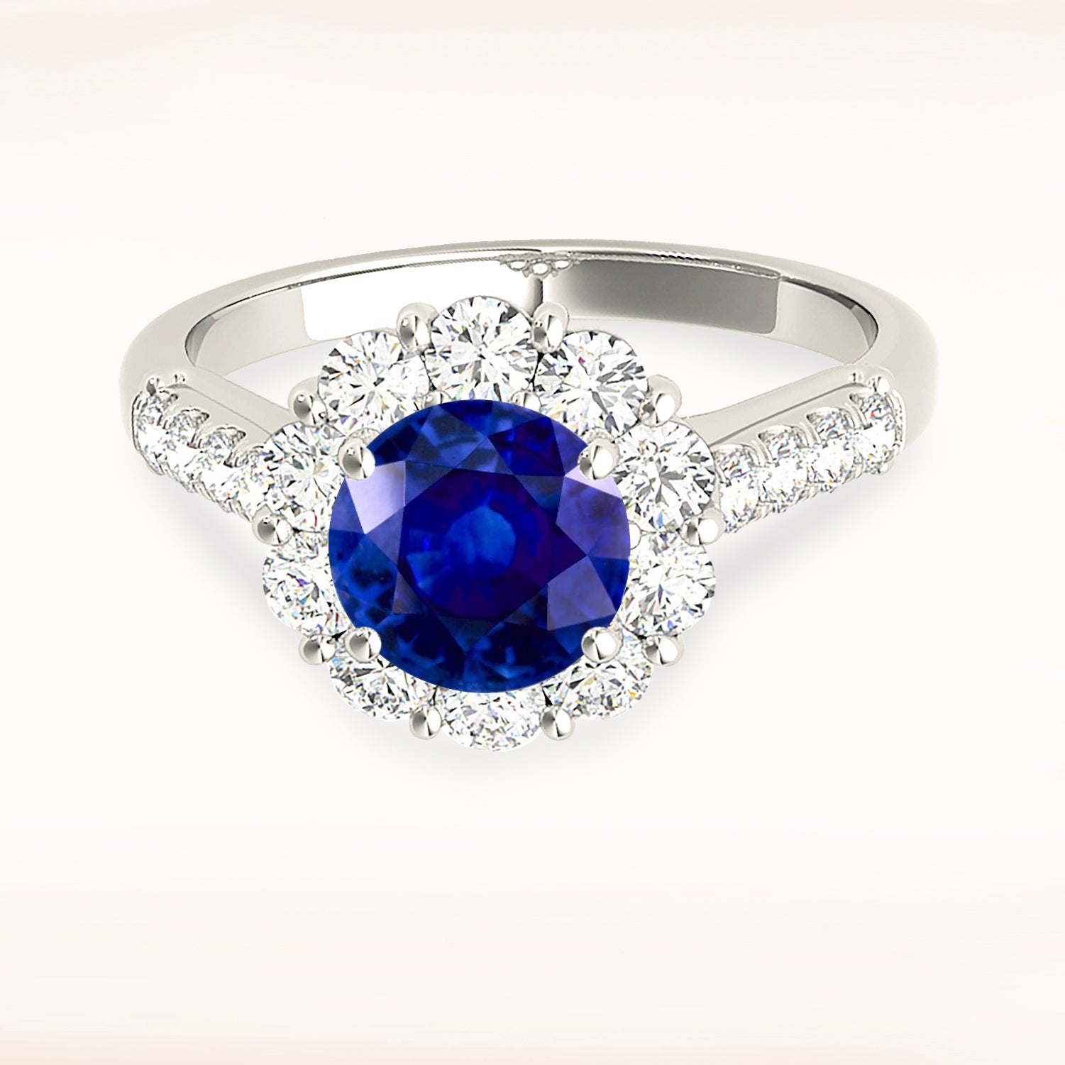 1.80 ct. Genuine Blue Sapphire Halo Ring with 1.00 ctw. Side Diamonds-VIRABYANI