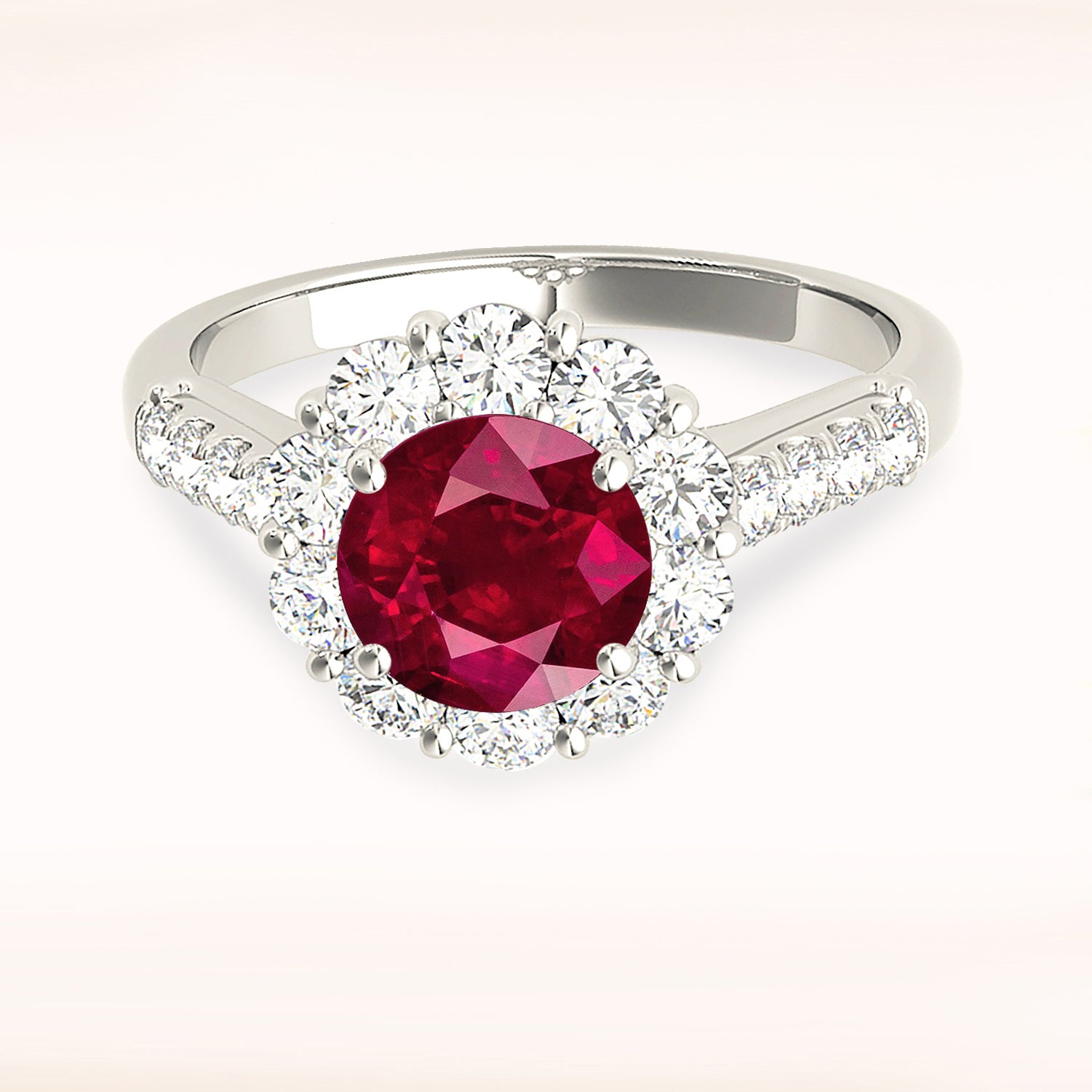 1.79 ct. Genuine Ruby Ring With 1.00 ctw. Diamond Halo And Delicate Diamond Band, Swirl Design Bridge-VIRABYANI