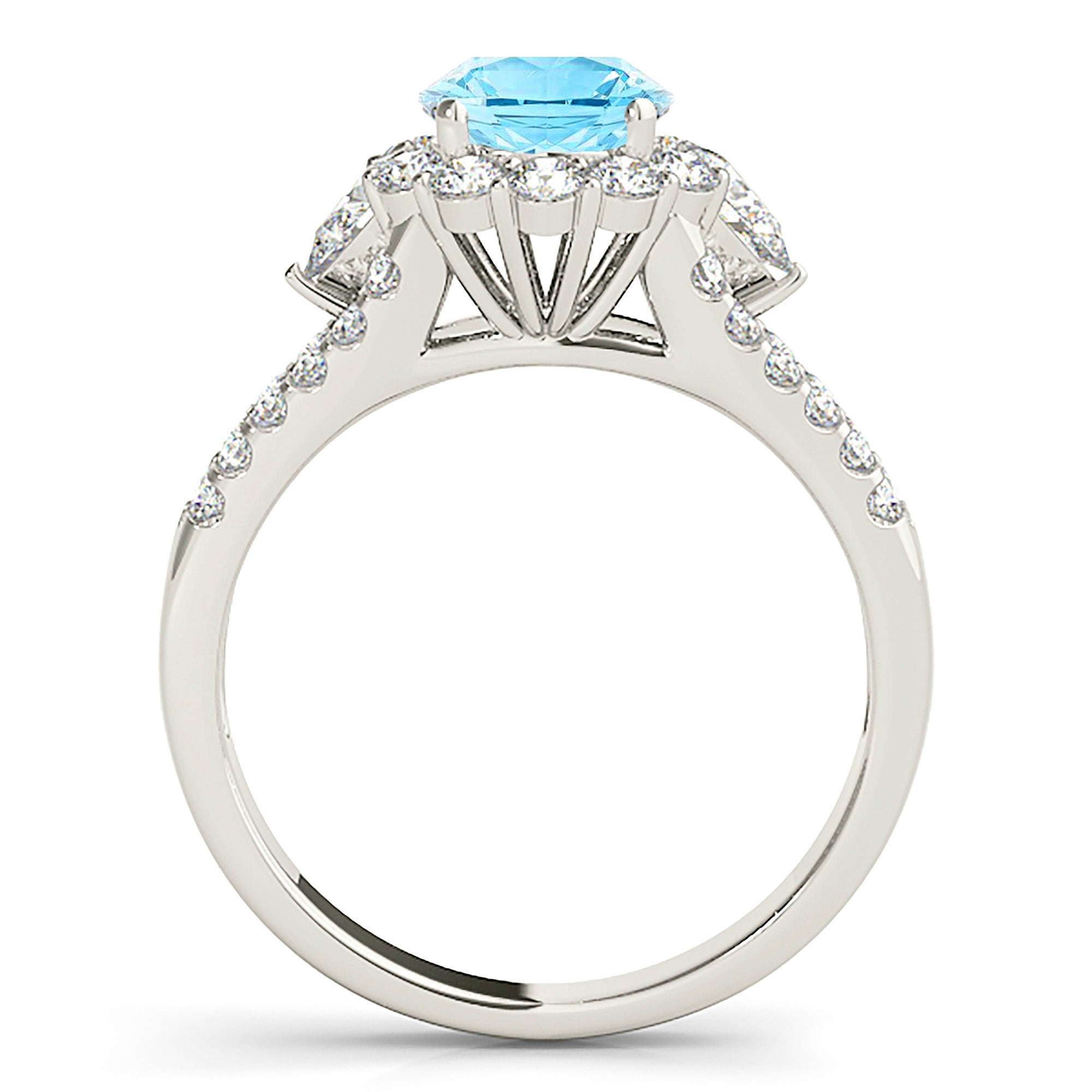 1.10 ct. Genuine Aquamarine Ring With 0.90 ctw. Diamond Halo And Split Diamond Shank,Side Accent Diamonds | Round Blue Aquamarine Halo Ring-VIRABYANI