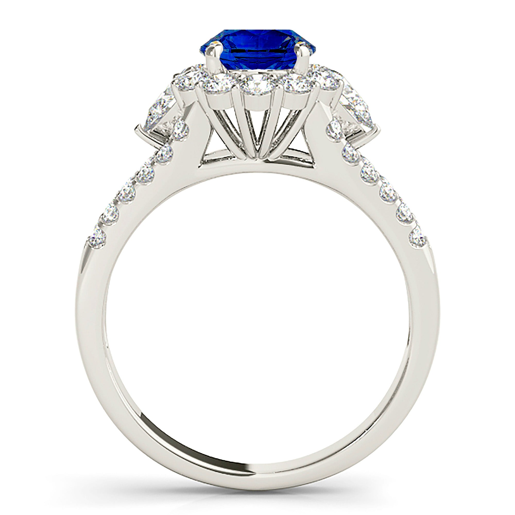 1.35 ct. Genuine Blue Sapphire Split Shank Halo Ring With 0.90 ctw. Round and Pear Shape Diamonds-VIRABYANI