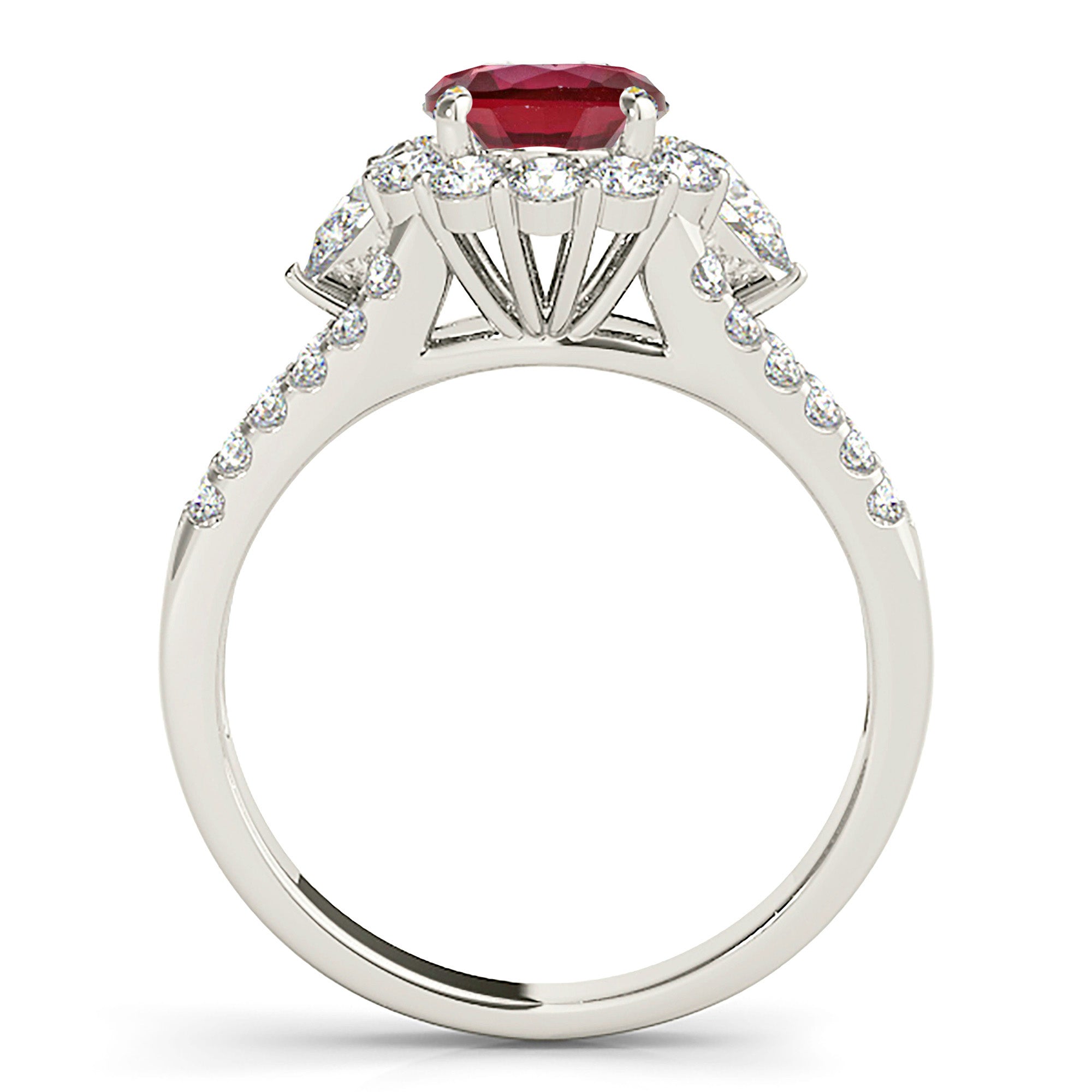 1.35 ct. Genuine Ruby Ring With 0.90 ctw. Diamond Halo And Accent side Diamonds, Split Shank-VIRABYANI