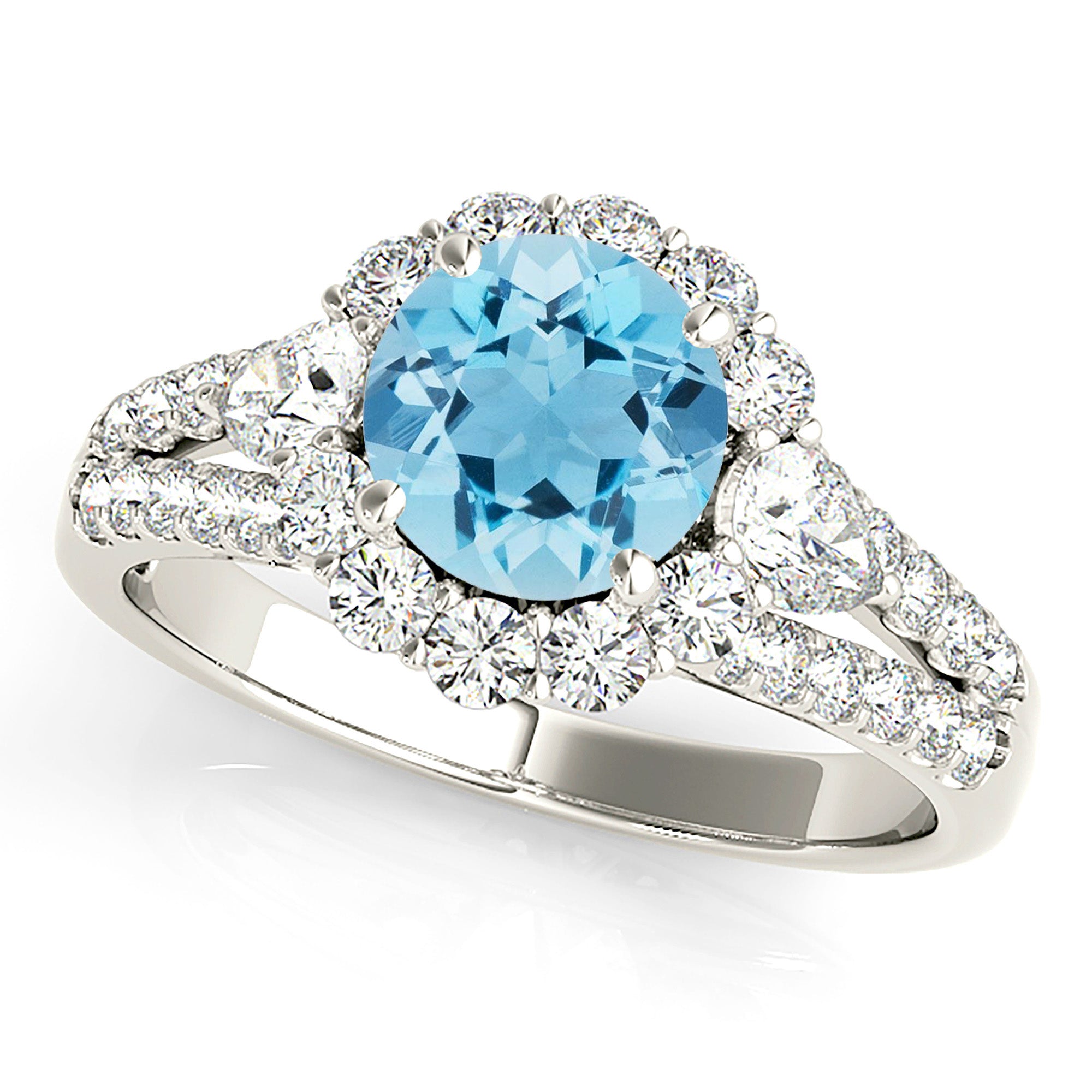1.10 ct. Genuine Aquamarine Ring With 0.90 ctw. Diamond Halo And Split Diamond Shank,Side Accent Diamonds | Round Blue Aquamarine Halo Ring-VIRABYANI