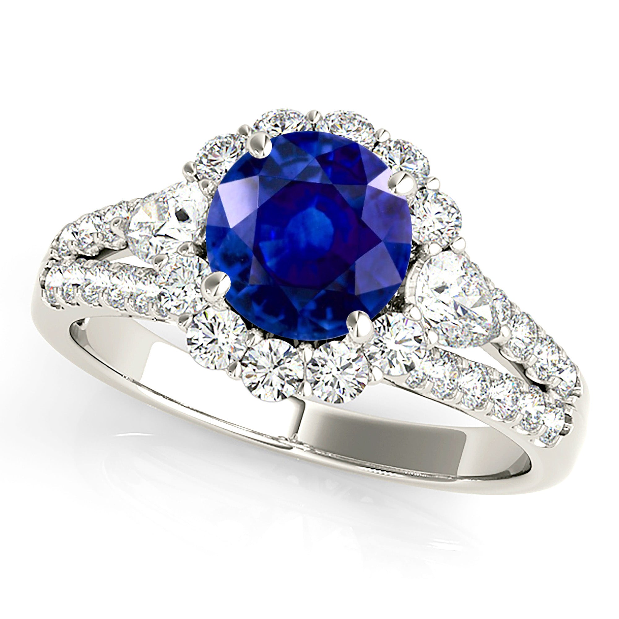 1.35 ct. Genuine Blue Sapphire Split Shank Halo Ring With 0.90 ctw. Round and Pear Shape Diamonds-VIRABYANI