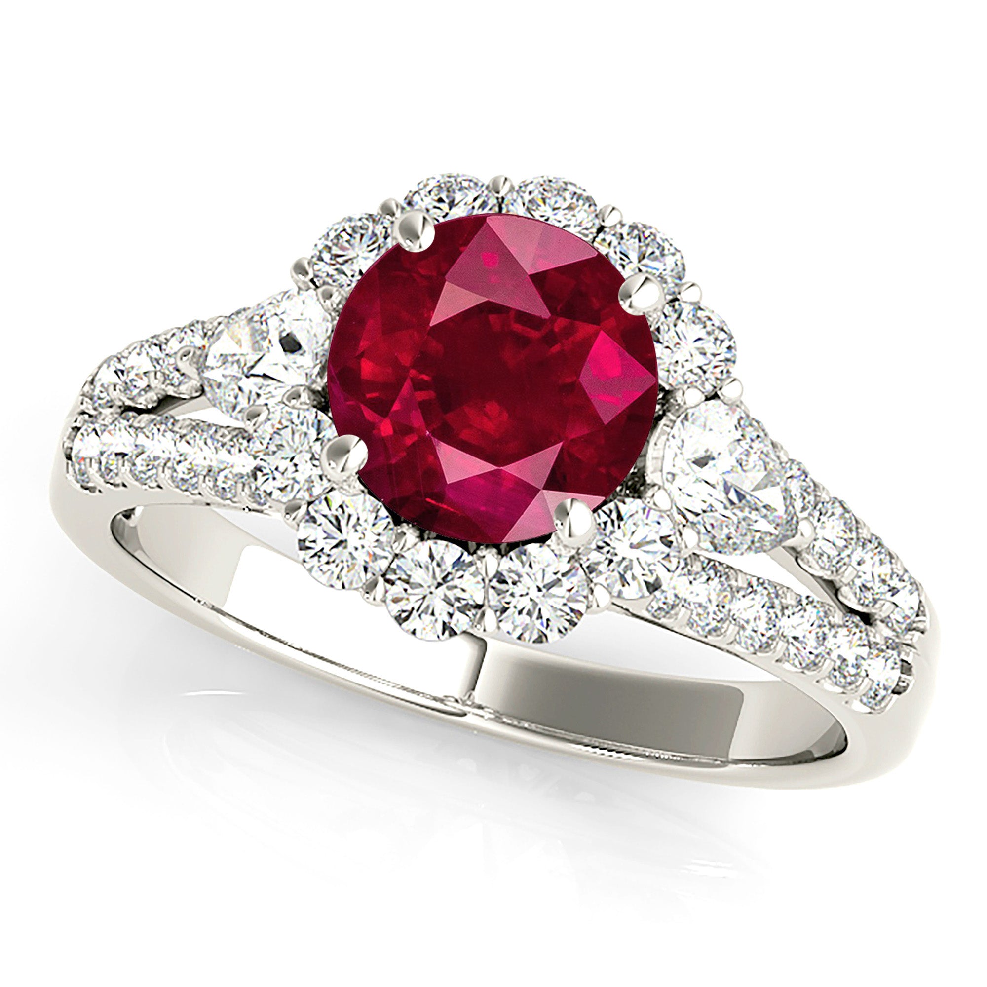 1.35 ct. Genuine Ruby Ring With 0.90 ctw. Diamond Halo And Accent side Diamonds, Split Shank-VIRABYANI