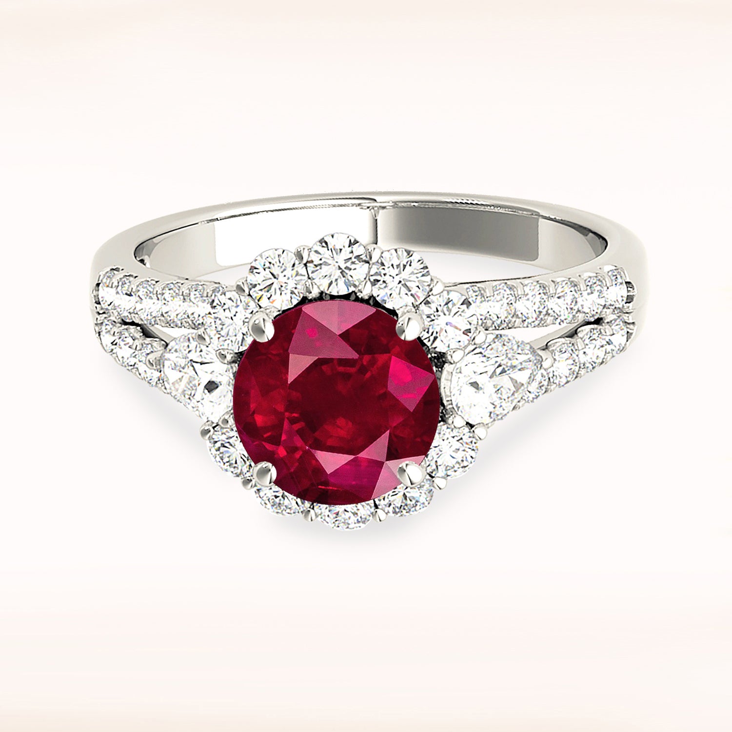 1.35 ct. Genuine Ruby Ring With 0.90 ctw. Diamond Halo And Accent side Diamonds, Split Shank-VIRABYANI