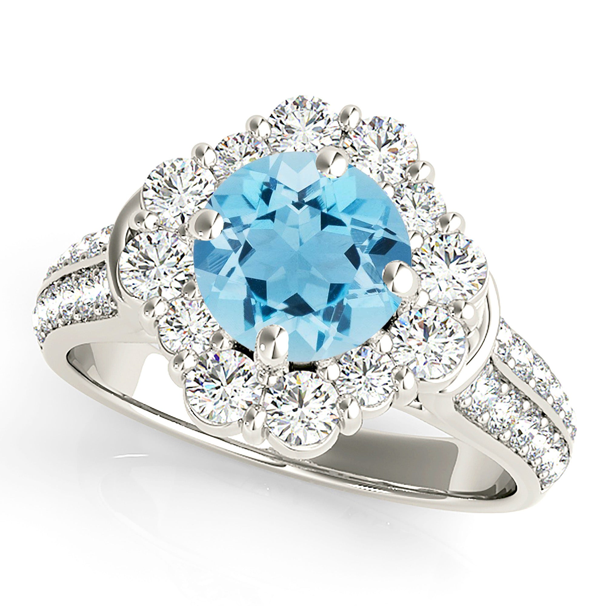 1.75 ct. Genuine Aquamarine Ring With 1.15 ctw. Diamond Fancy Halo And Double Row Diamond Band-VIRABYANI