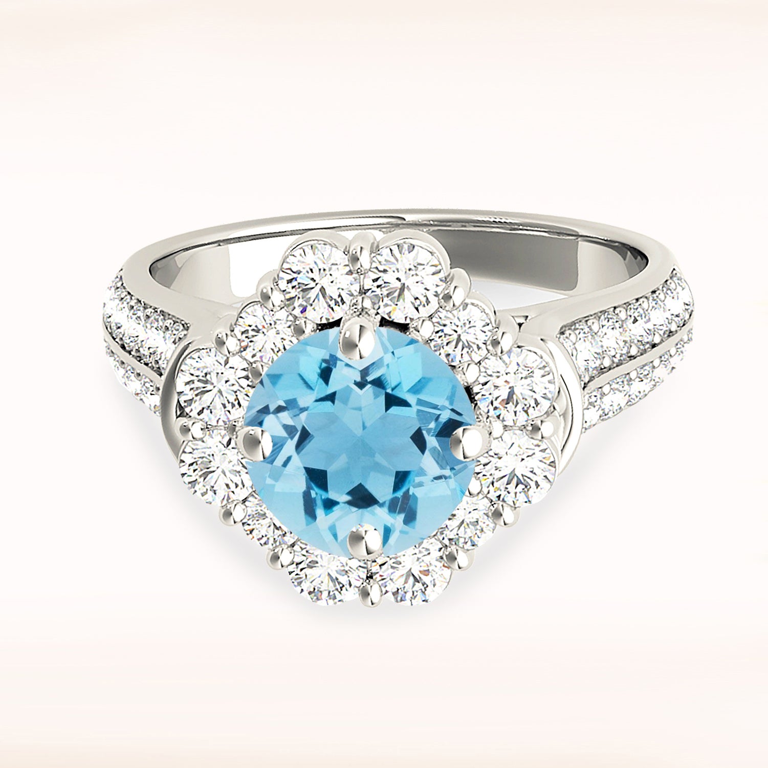 1.75 ct. Genuine Aquamarine Ring With 1.15 ctw. Diamond Fancy Halo And Double Row Diamond Band-VIRABYANI