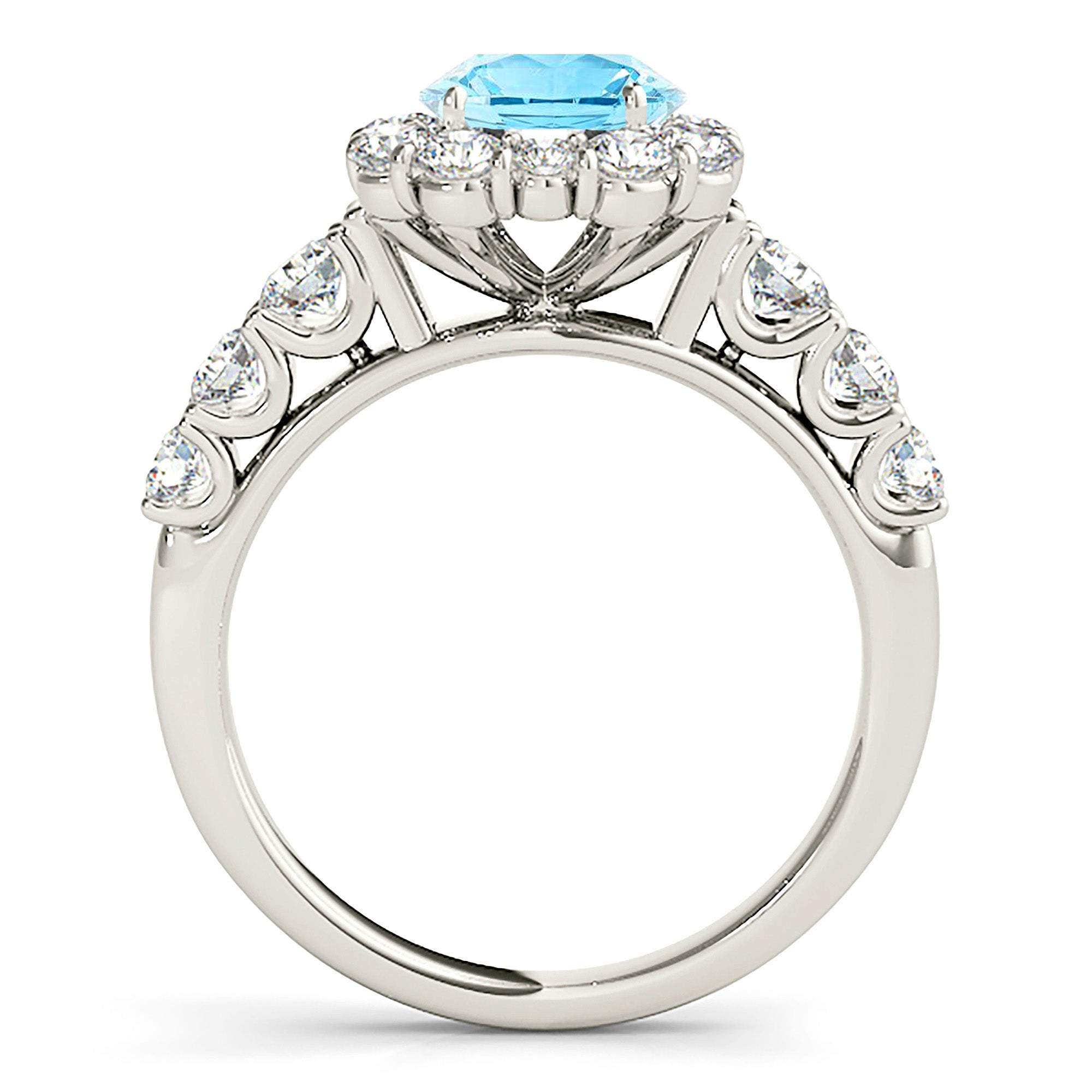 1.10 ct. Genuine Aquamarine Ring With 1.10 ctw. Diamond Floral Halo And Fancy Diamond Band | Round Blue Aquamarine Halo Ring-VIRABYANI