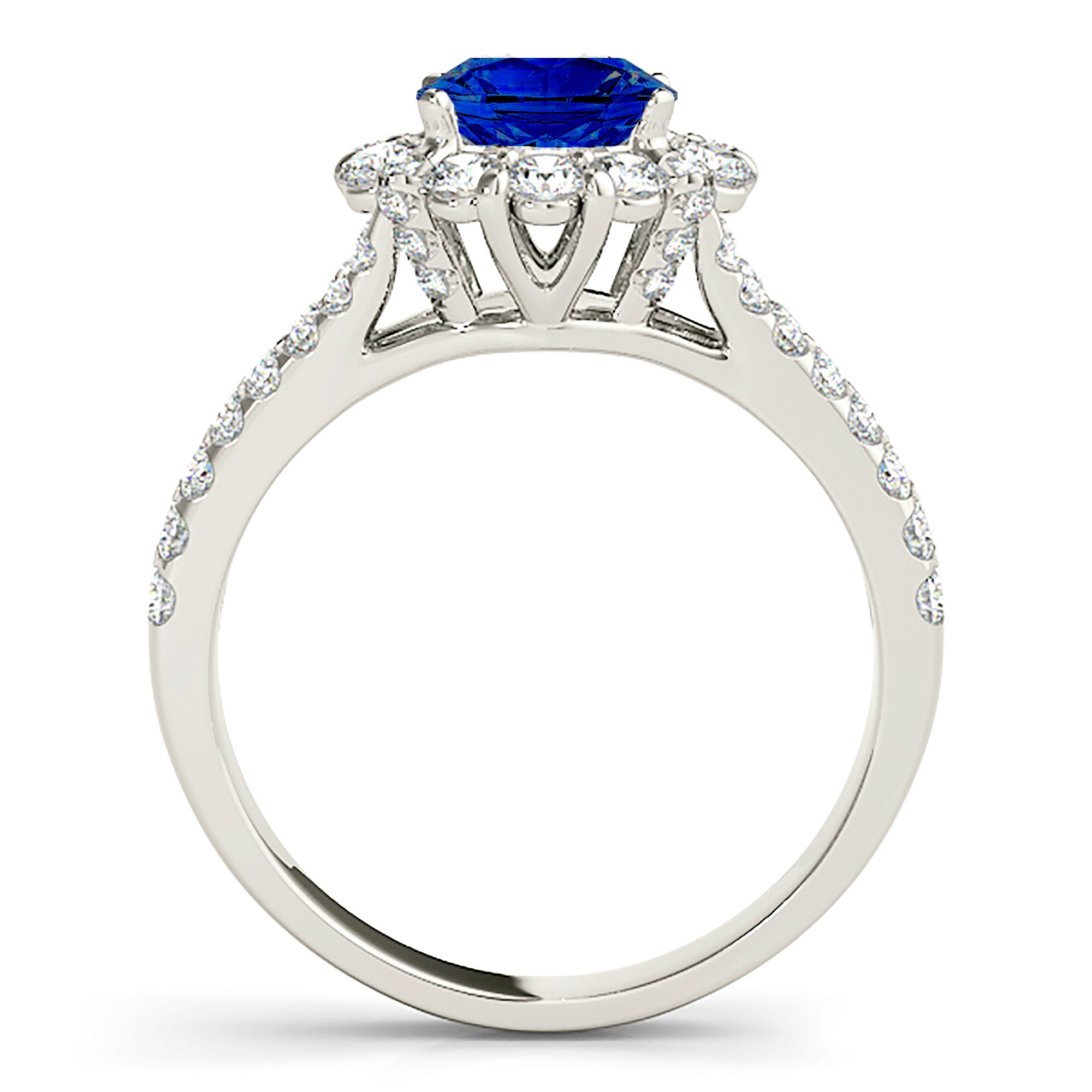 1.80 ct. Genuine Blue Sapphire Split Shank Halo Ring with 0.90 ctw. Side Diamonds-VIRABYANI