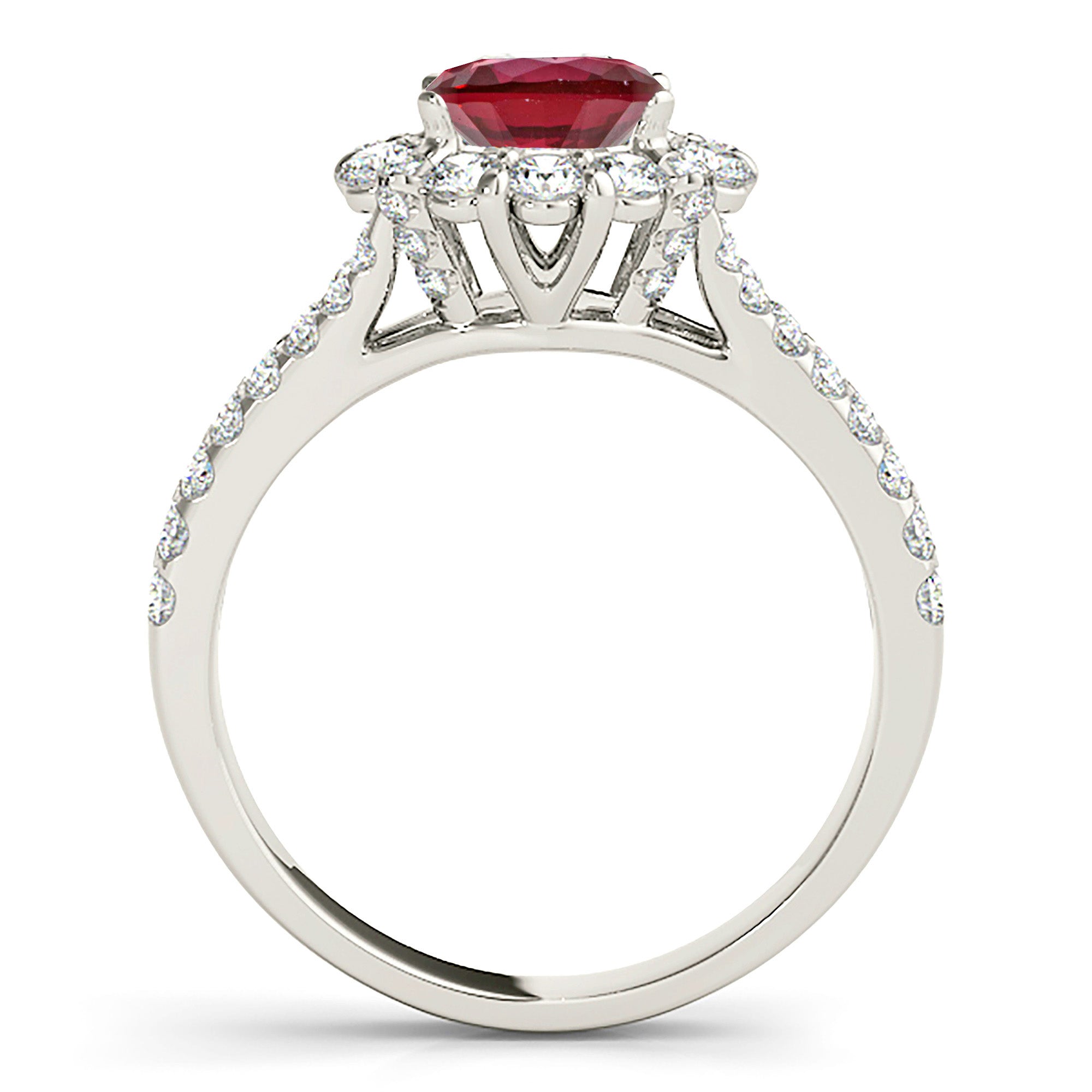 1.79 ct. Genuine Ruby Ring With 0.90 ctw. Diamond Floral Halo And Small V Split Shank-VIRABYANI