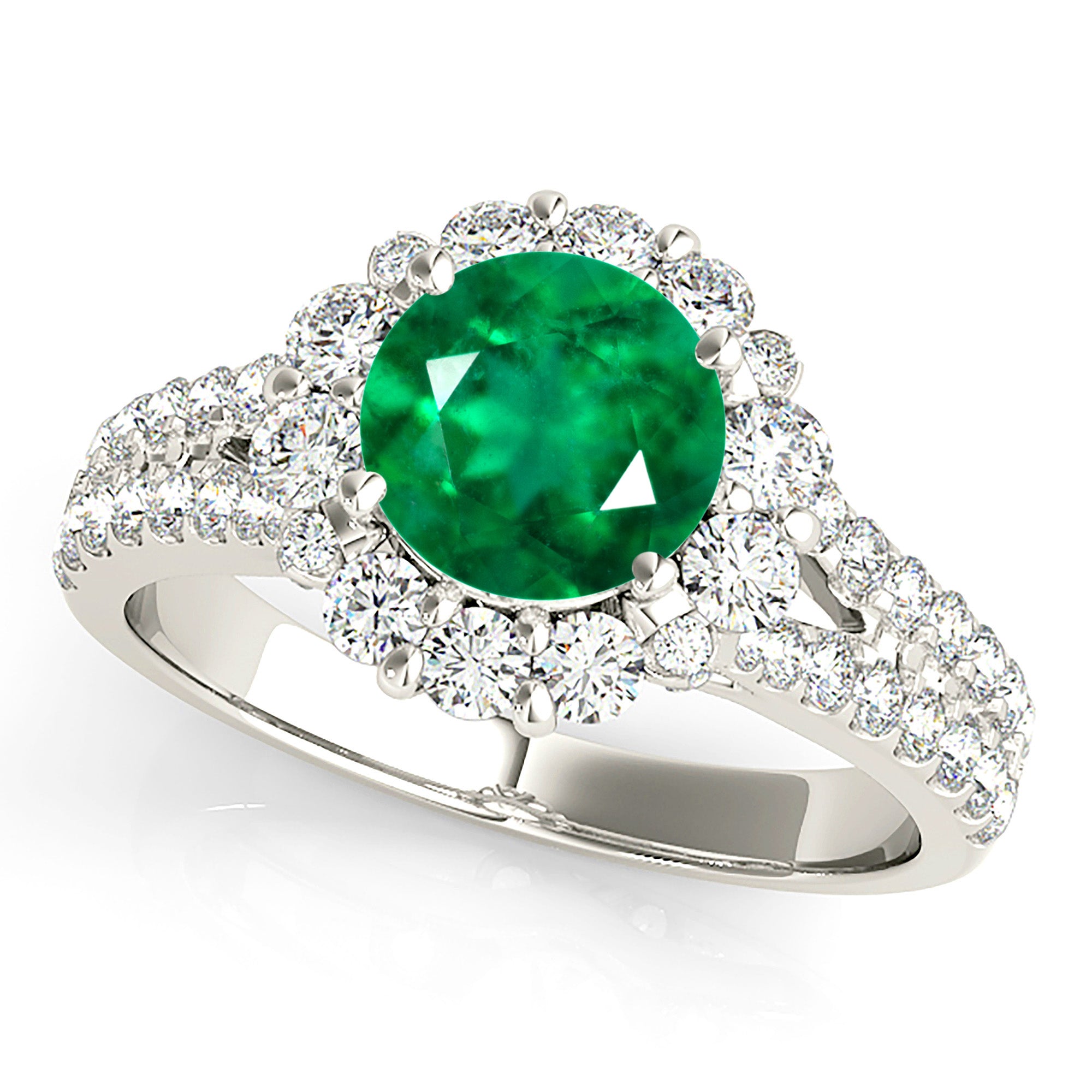 1.75 ct. Genuine Emerald Split Shank Halo Ring With 0.90 ctw. Side Diamonds-VIRABYANI