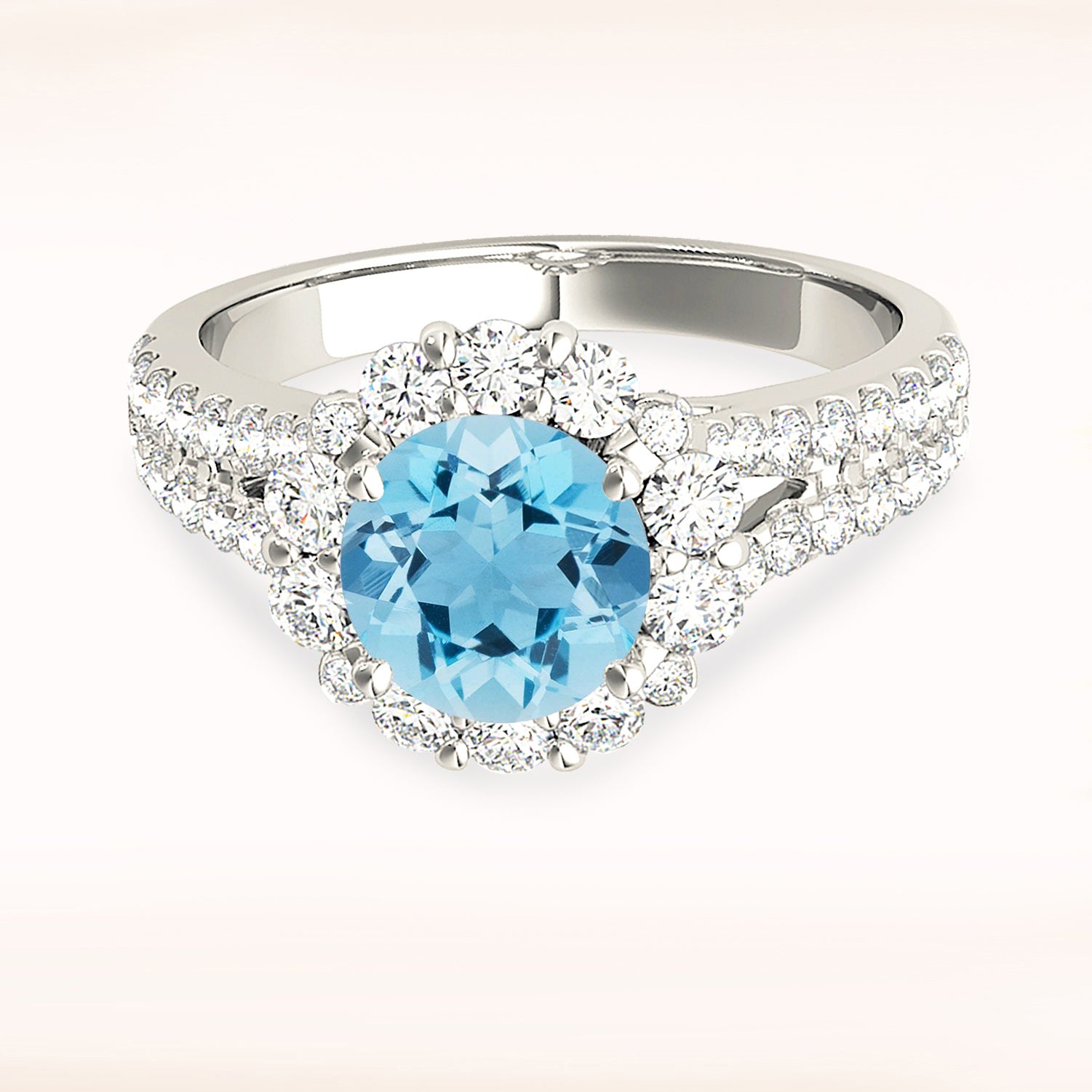 1.75 ct. Genuine Aquamarine Ring With 0.90 ctw. Diamond Halo And Small V Shape Split Diamond Band | Round Blue Aquamarine Halo Ring-VIRABYANI