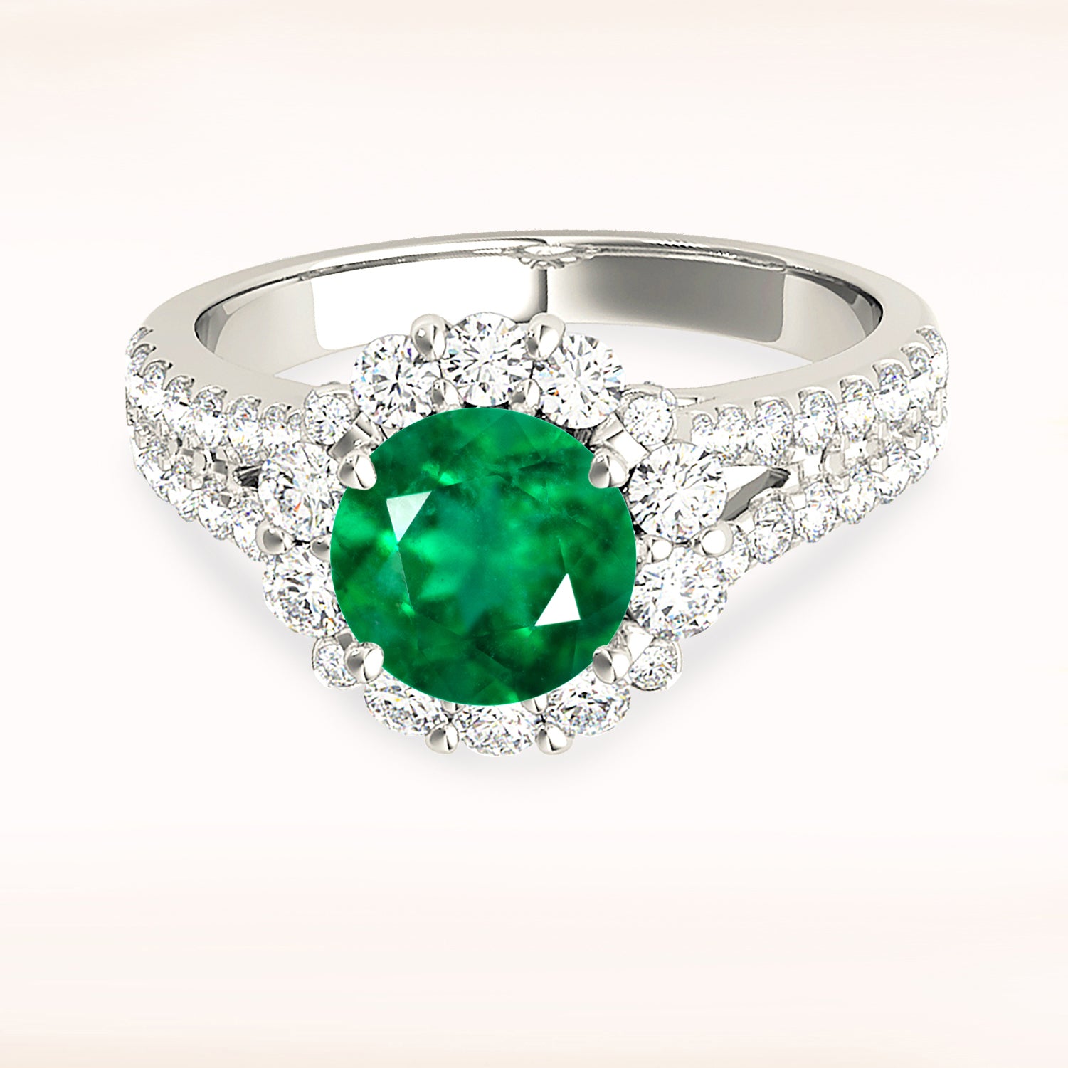 1.75 ct. Genuine Emerald Split Shank Halo Ring With 0.90 ctw. Side Diamonds-VIRABYANI