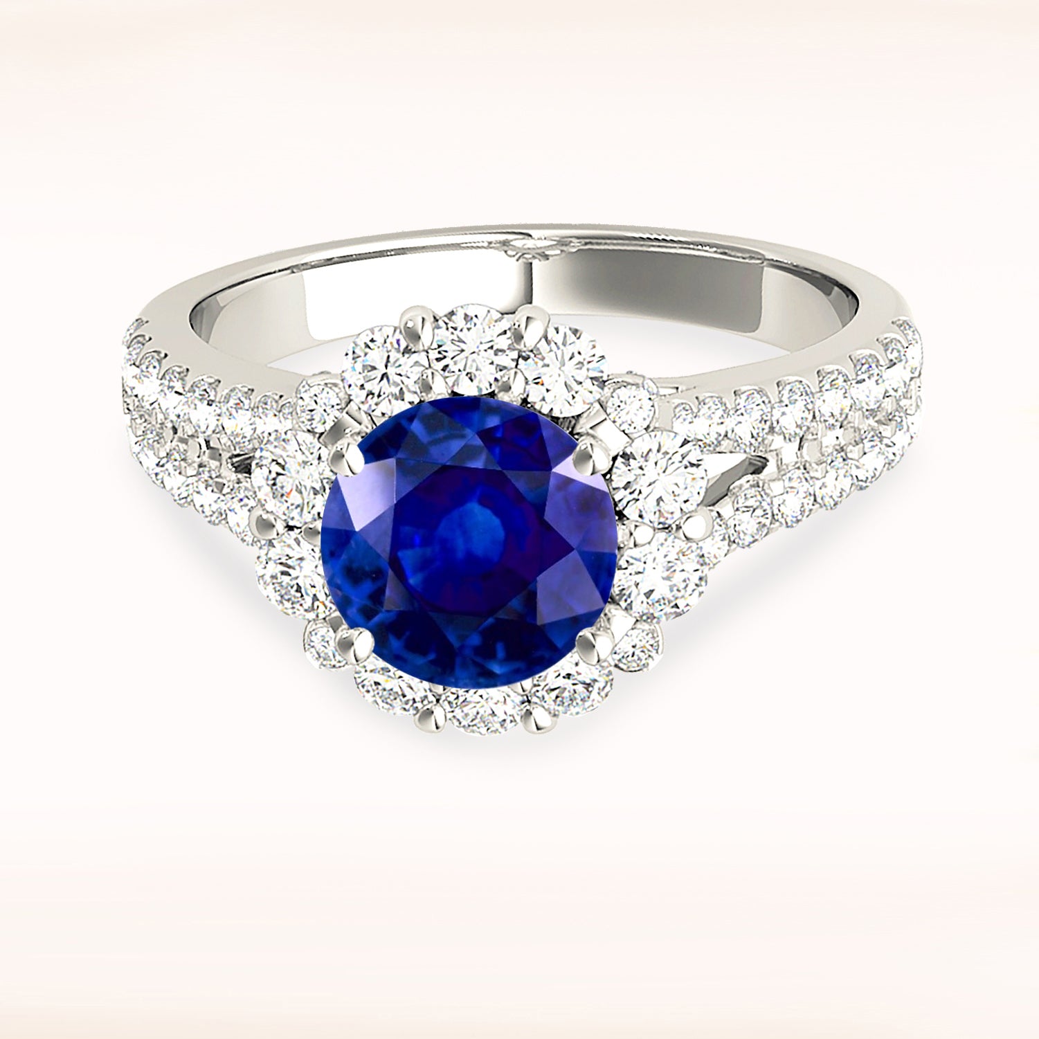 1.80 ct. Genuine Blue Sapphire Split Shank Halo Ring with 0.90 ctw. Side Diamonds-in 14K/18K White, Yellow, Rose Gold and Platinum - Christmas Jewelry Gift -VIRABYANI