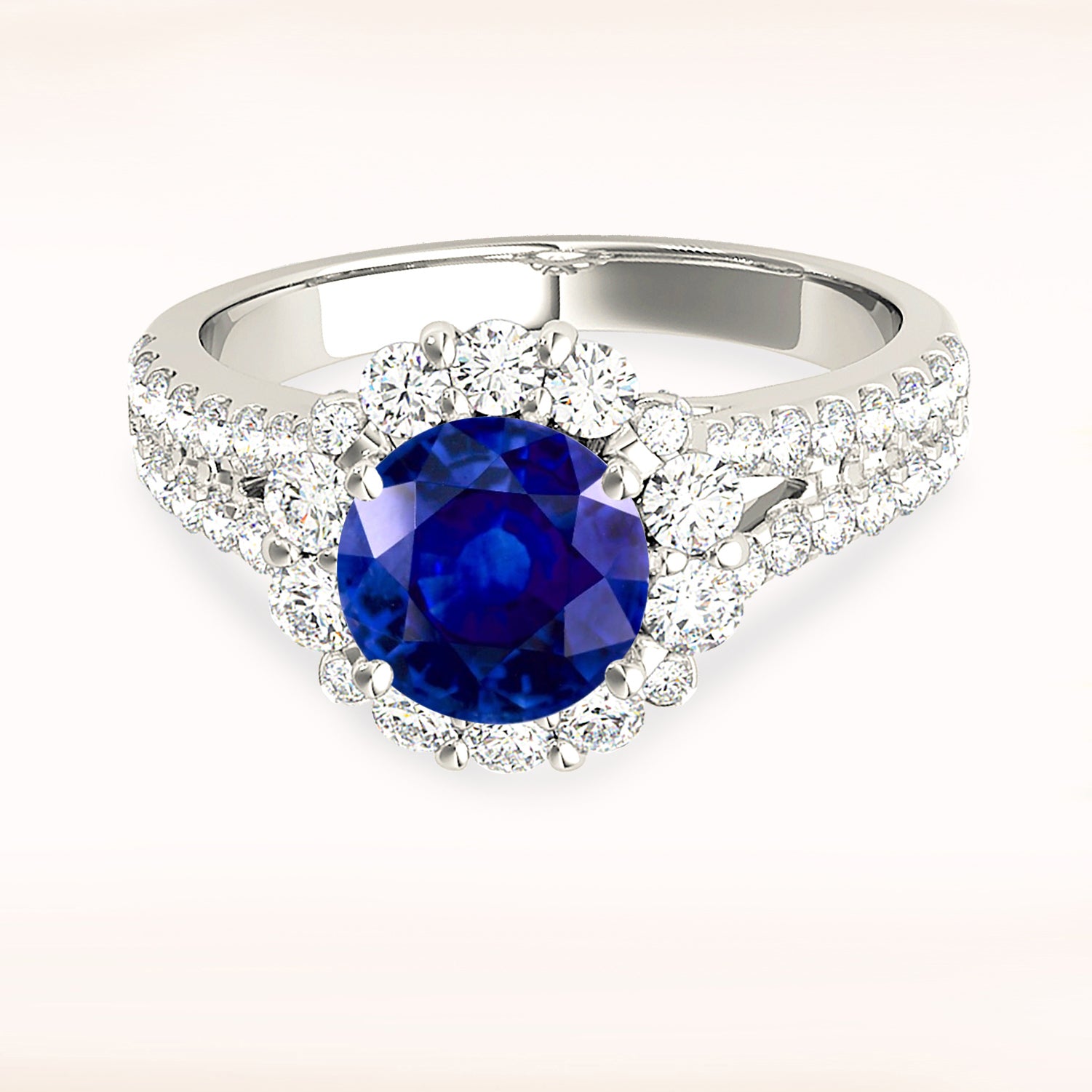 1.80 ct. Genuine Blue Sapphire Split Shank Halo Ring with 0.90 ctw. Side Diamonds-VIRABYANI