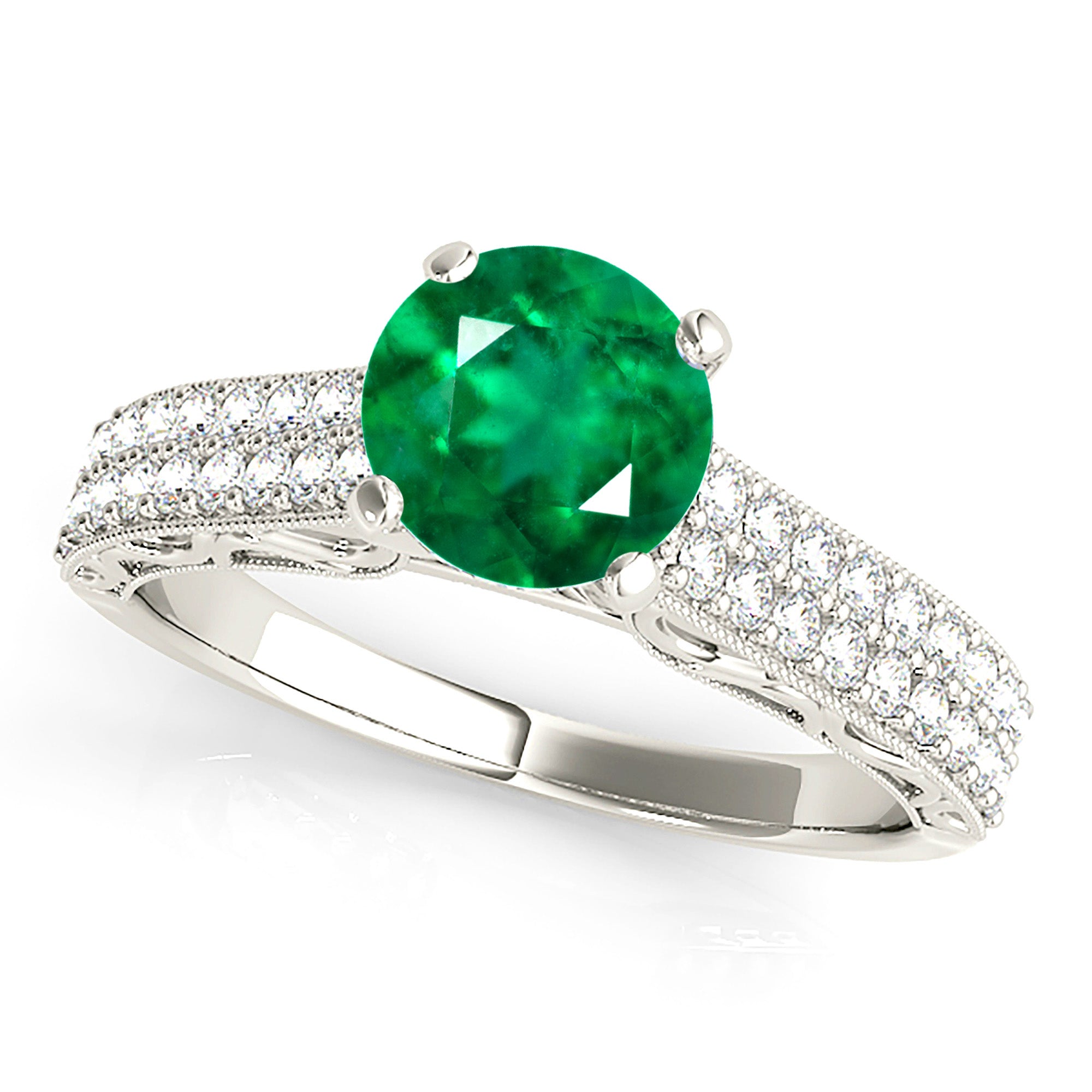 1.14 ct. Genuine Solitaire Emerald Ring With 0.35 ctw. Double Row Diamond Band-VIRABYANI