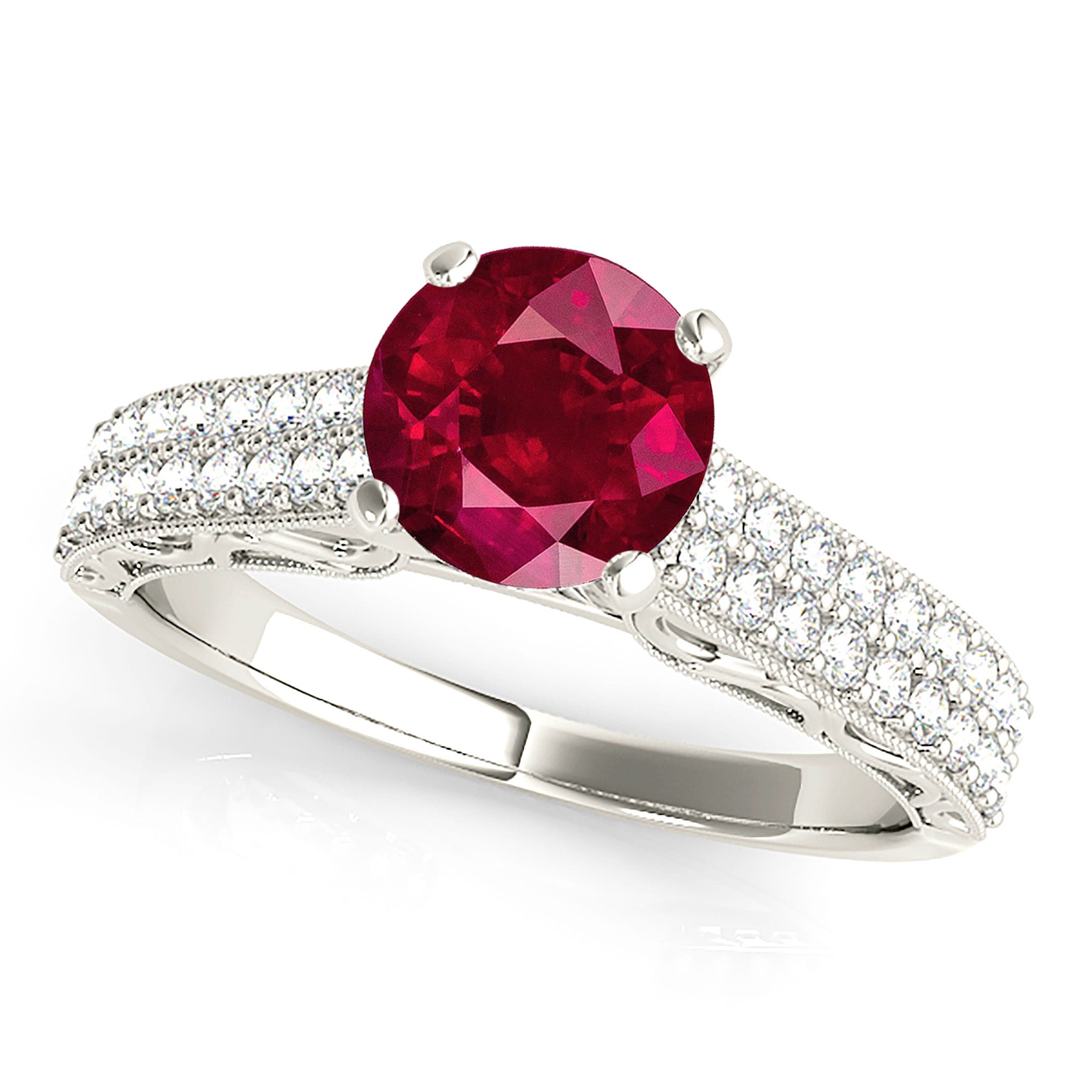 1.35 ct. Genuine Solitaire Ruby Ring with 0.35 ctw. Double Row Diamond Band,Milgrain Design-VIRABYANI