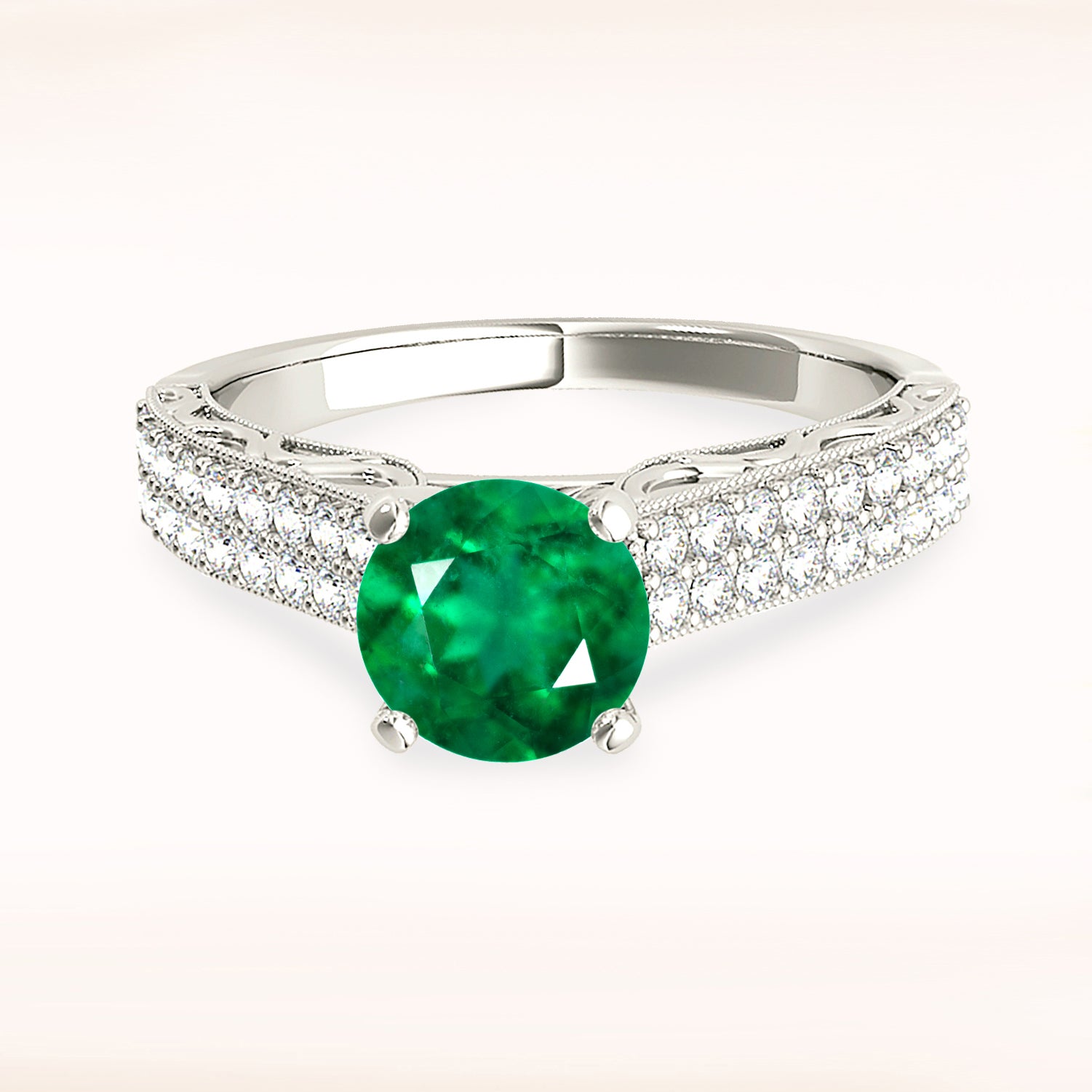 1.14 ct. Genuine Solitaire Emerald Ring With 0.35 ctw. Double Row Diamond Band-VIRABYANI