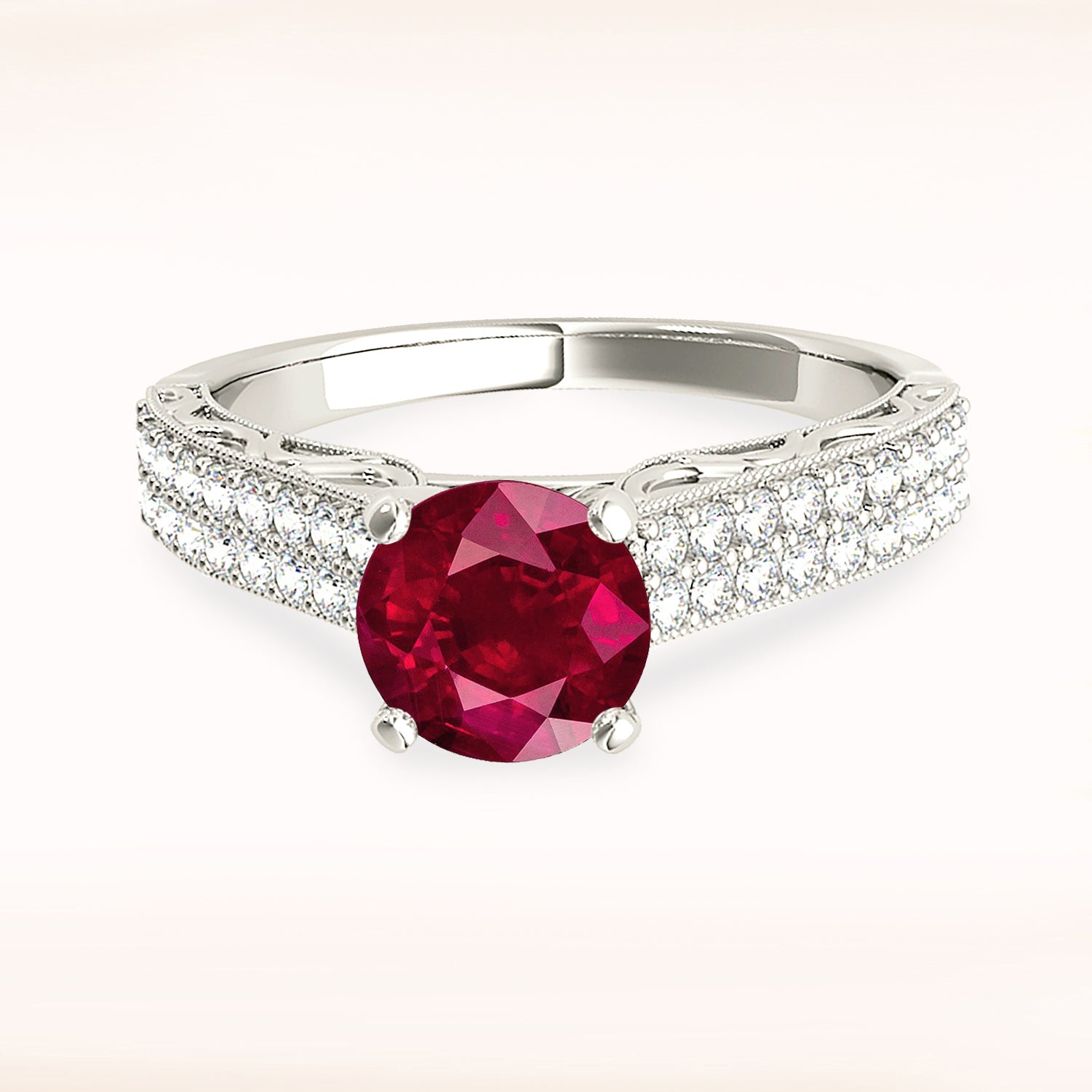 1.35 ct. Genuine Solitaire Ruby Ring with 0.35 ctw. Double Row Diamond Band,Milgrain Design-VIRABYANI