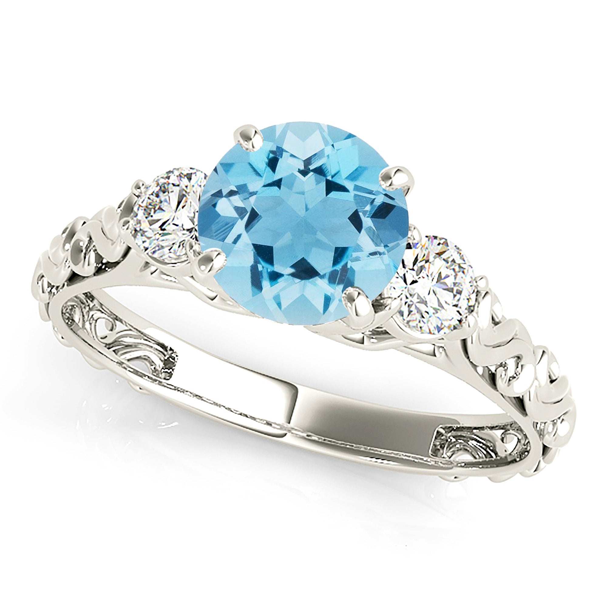 1.10 ct. Genuine Aquamarine Ring With 0.25 ctw. Side Accent Diamonds, Hand Carved Fancy Band | Round Blue Aquamarine Halo Ring-VIRABYANI