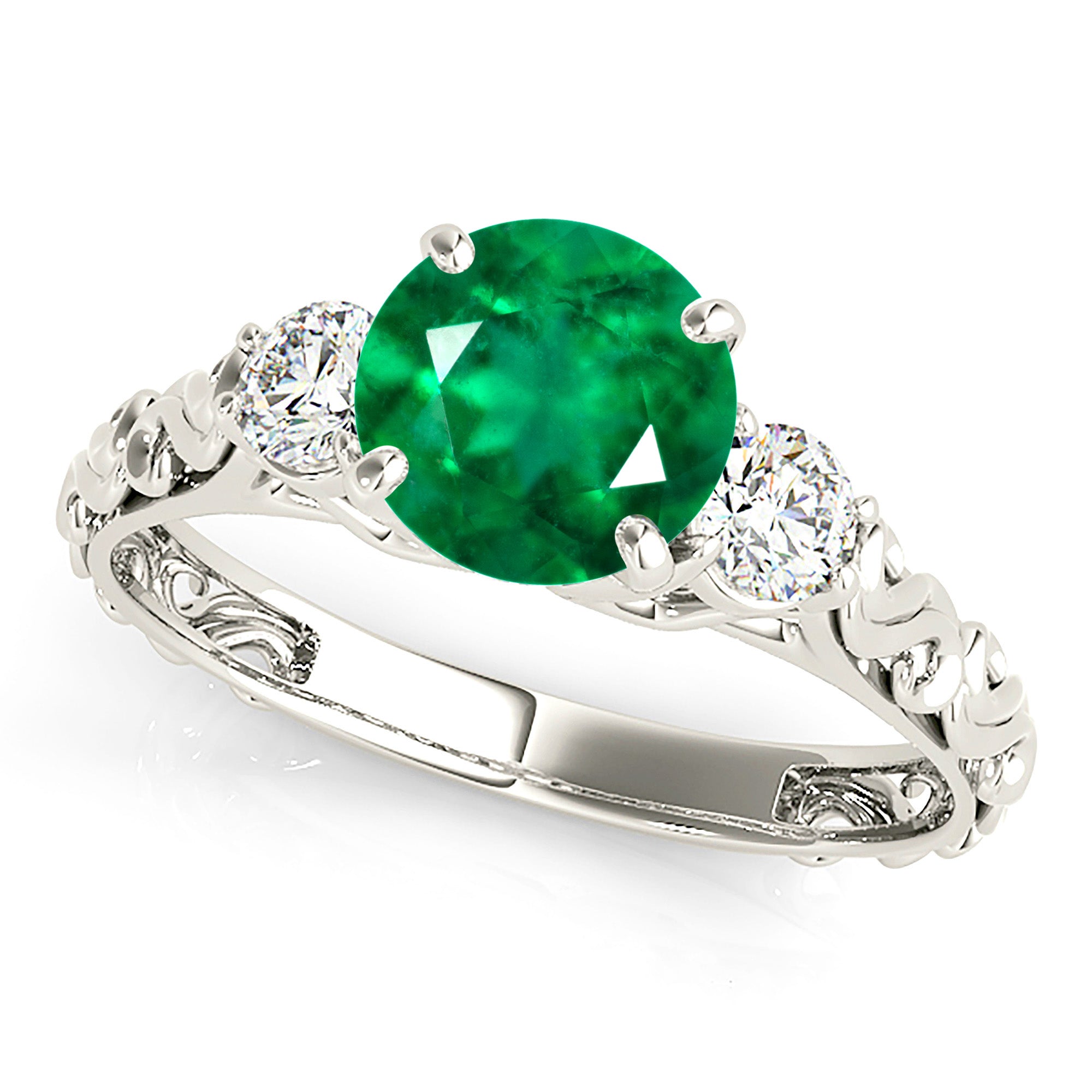 1.14 ct. Genuine Solitaire Emerald Ring With 0.25 ctw. Diamond Hand Carved Filigree Band-in 14K/18K White, Yellow, Rose Gold and Platinum - Christmas Jewelry Gift -VIRABYANI