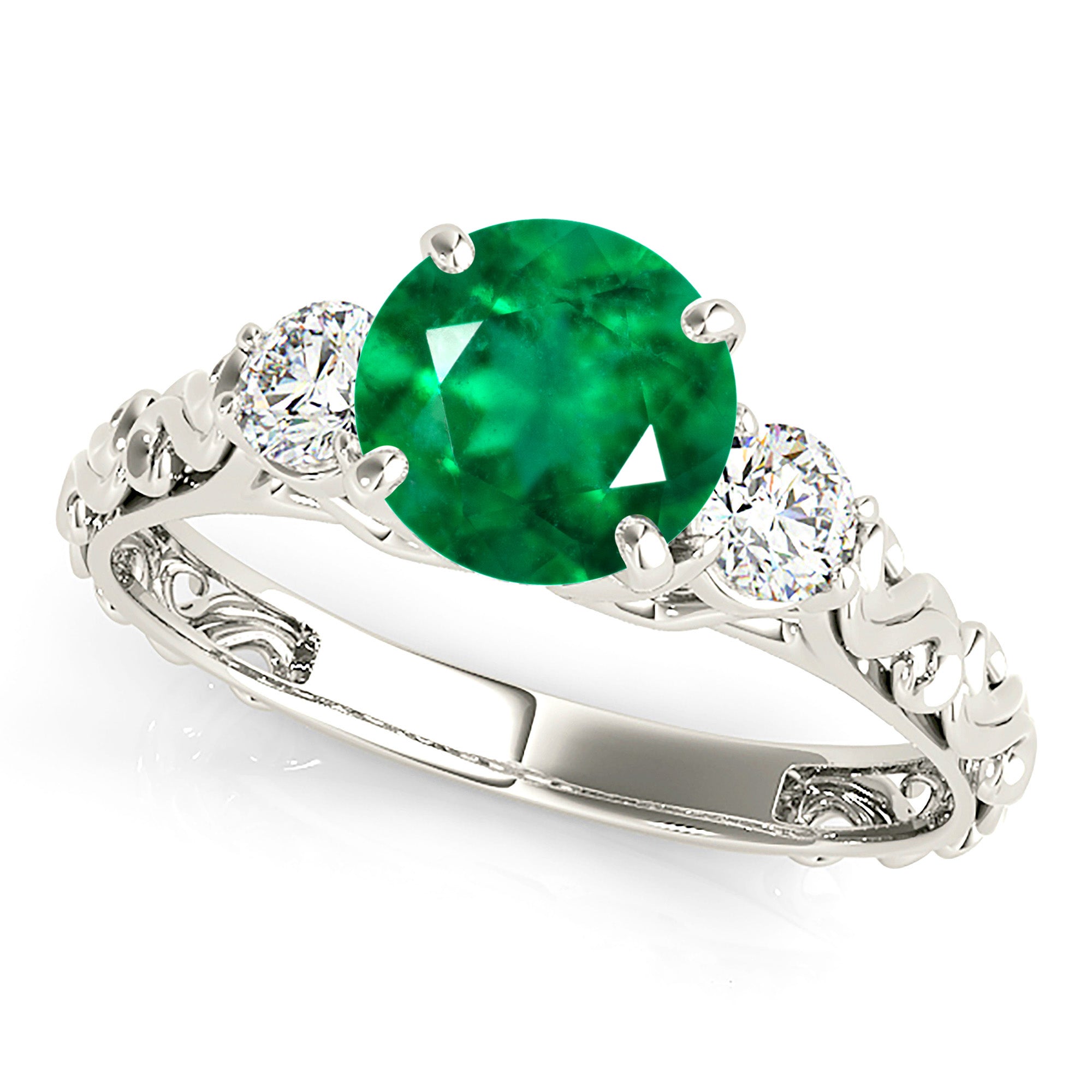 1.14 ct. Genuine Solitaire Emerald Ring With 0.25 ctw. Diamond Hand Carved Filigree Band-VIRABYANI