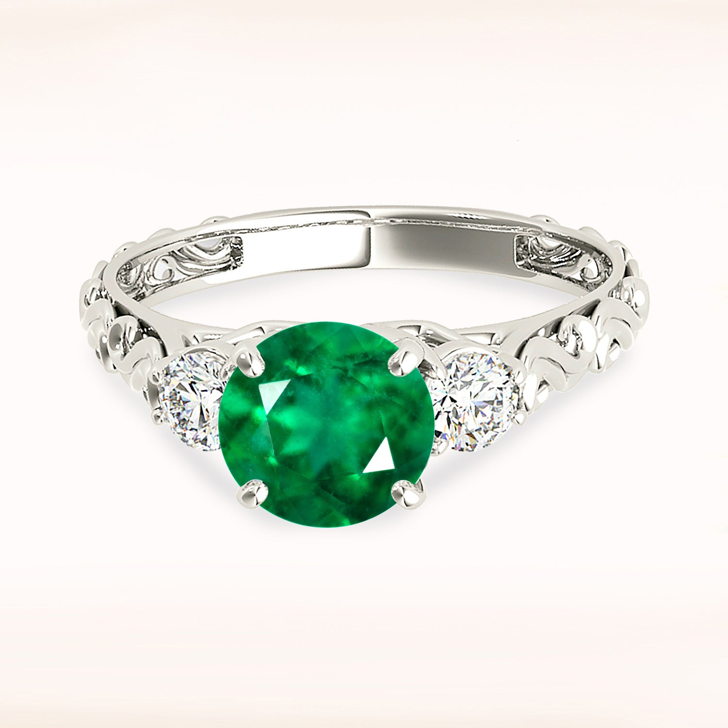 1.14 ct. Genuine Solitaire Emerald Ring With 0.25 ctw. Diamond Hand Carved Filigree Band-VIRABYANI